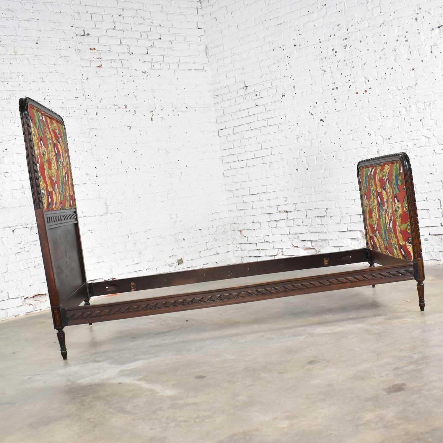 Antique French Carved Walnut and Upholstered Twin Bed with Asian Figural Fabric In Good Condition For Sale In Topeka, KS