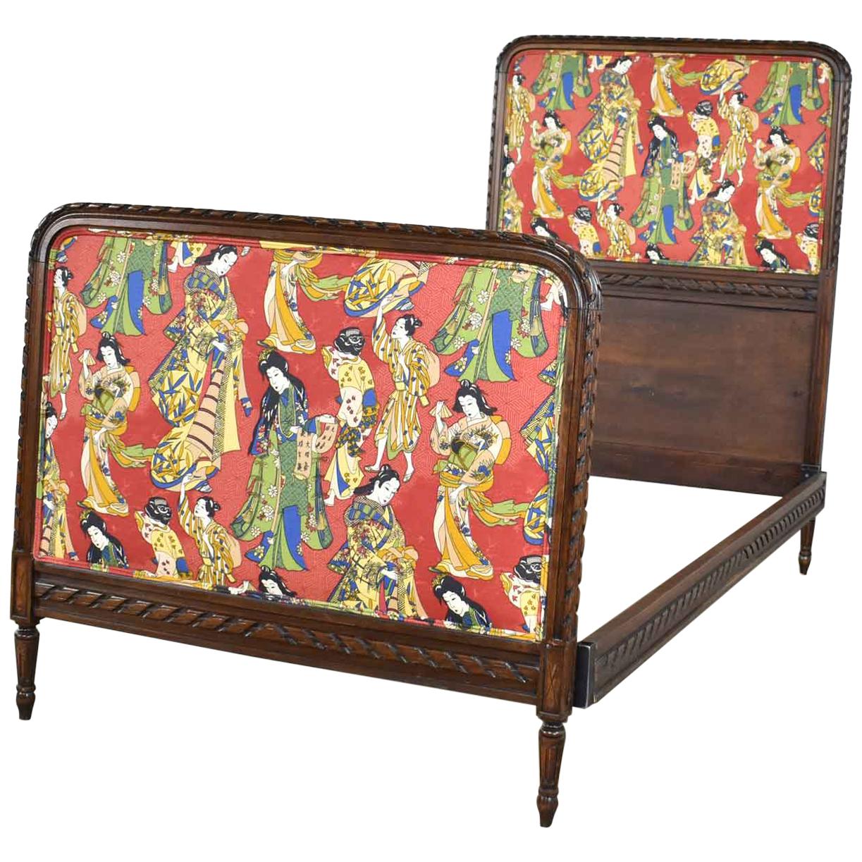 Antique French Carved Walnut and Upholstered Twin Bed with Asian Figural Fabric For Sale