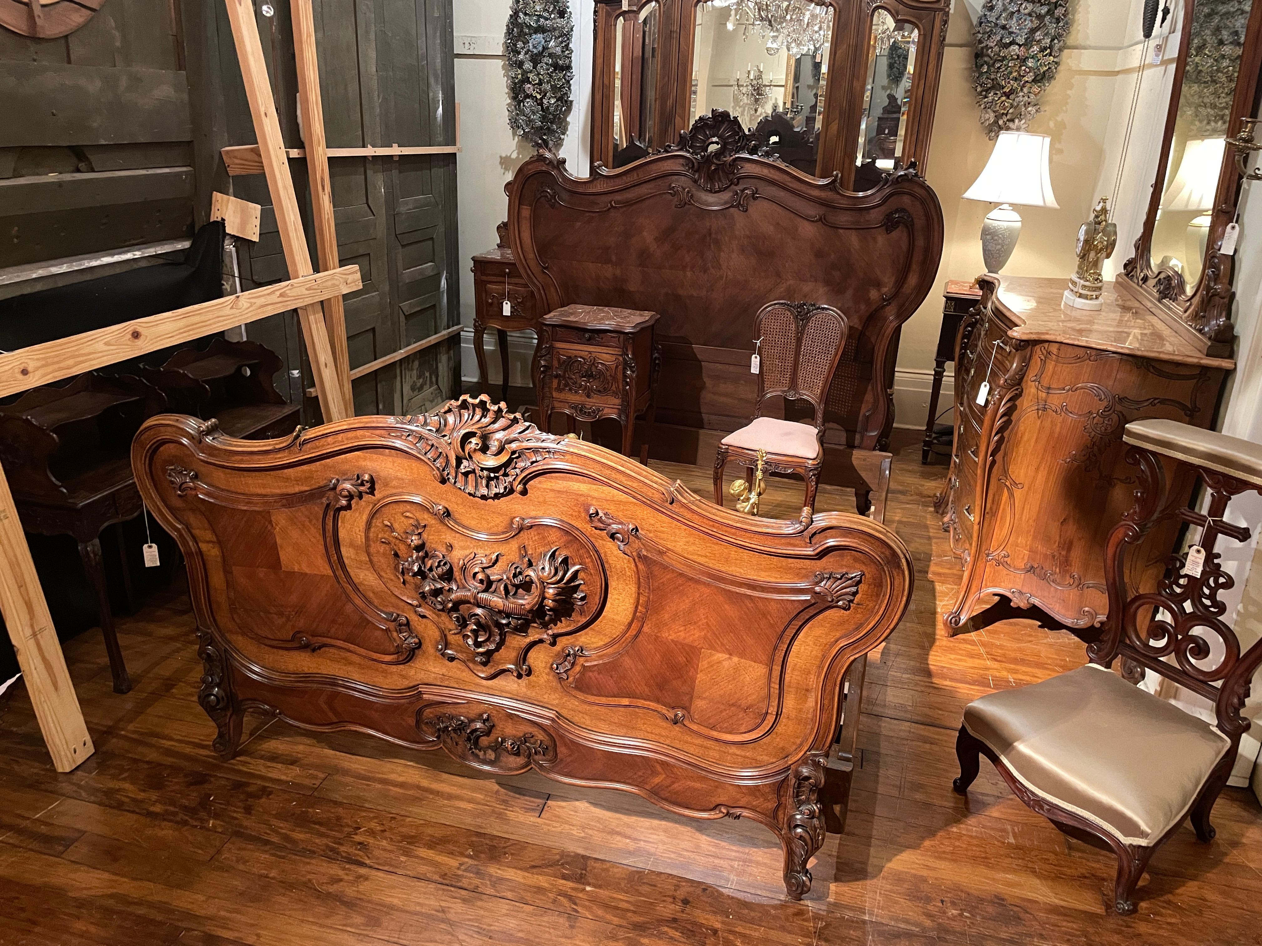 Antique French Carved Walnut Bed and Night Table, circa 1875-1895 9