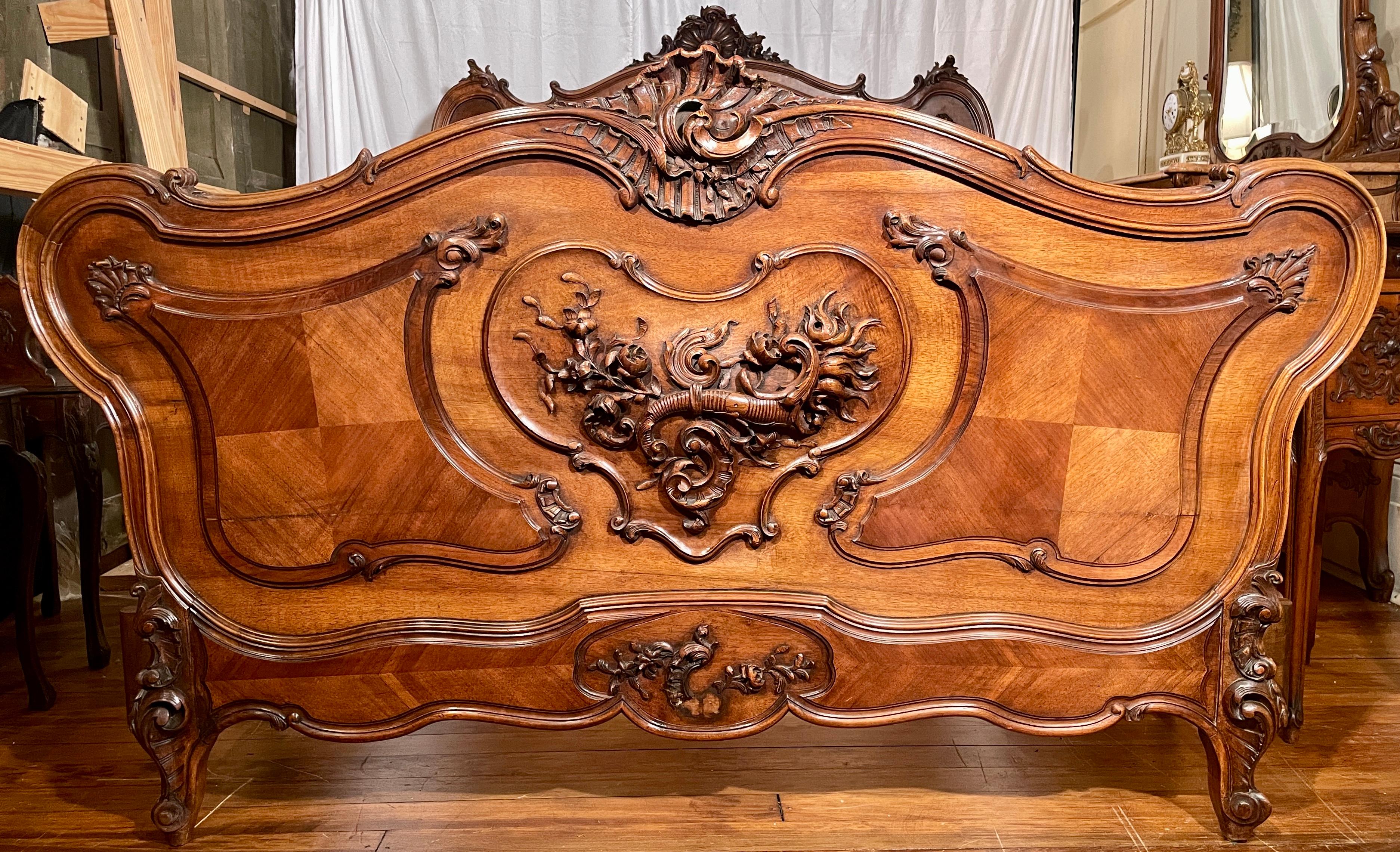 19th Century Antique French Carved Walnut Bed and Night Table, circa 1875-1895