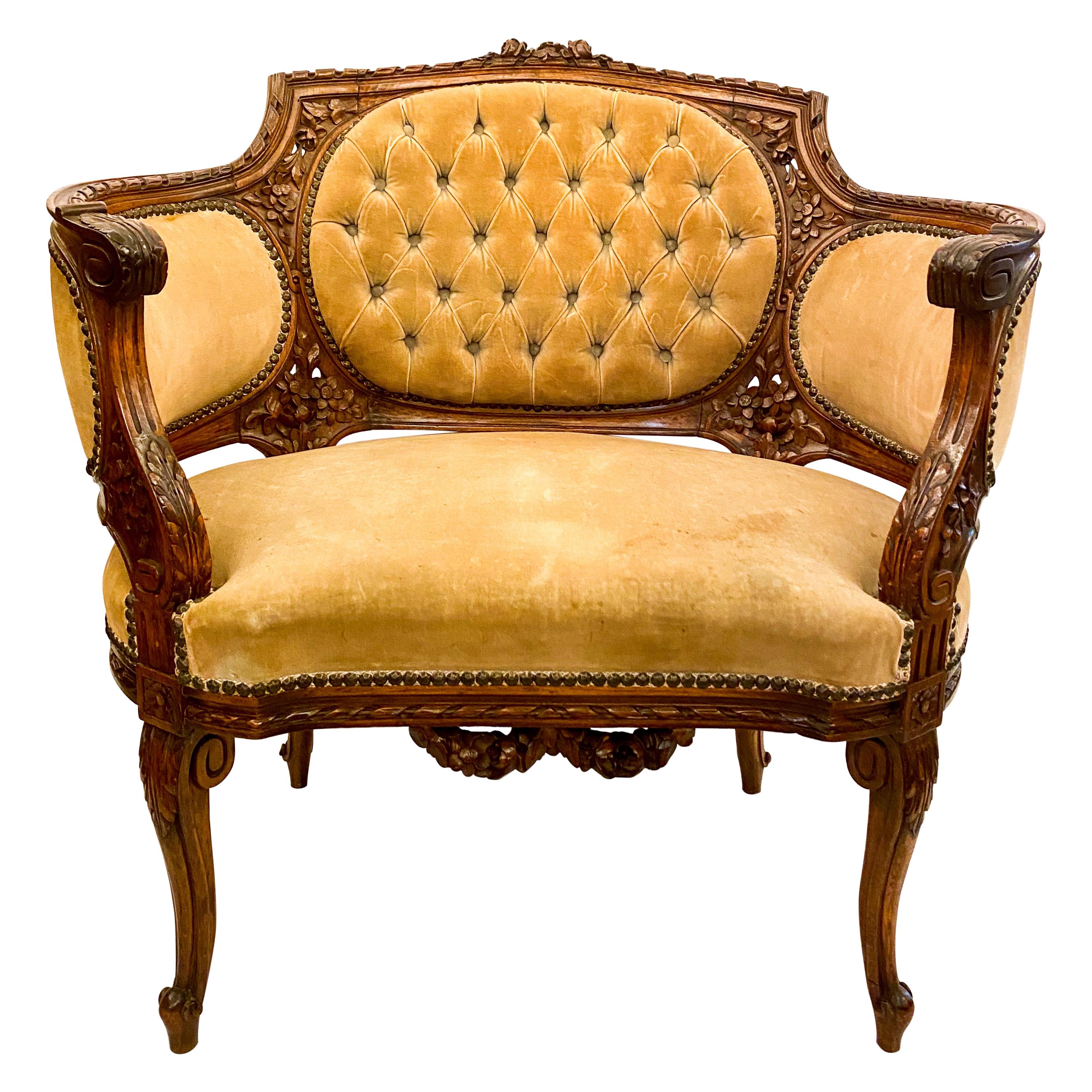 Antique French Carved Walnut Bergère Chair, circa 1870s