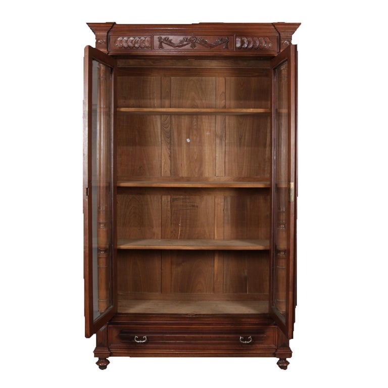 Antique French Carved Walnut and Beveled Glass Enclosed Bookcase, 20th