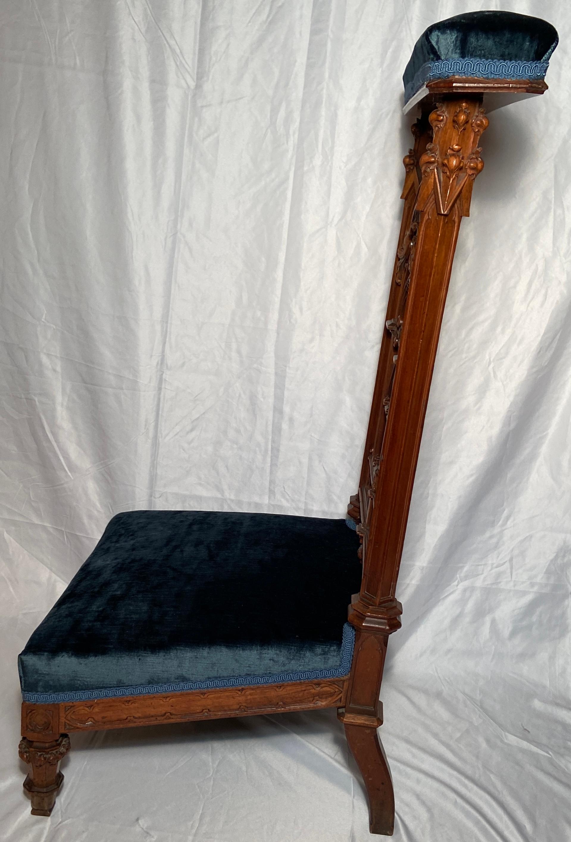 Antique French Carved Walnut Blue Upholstered 