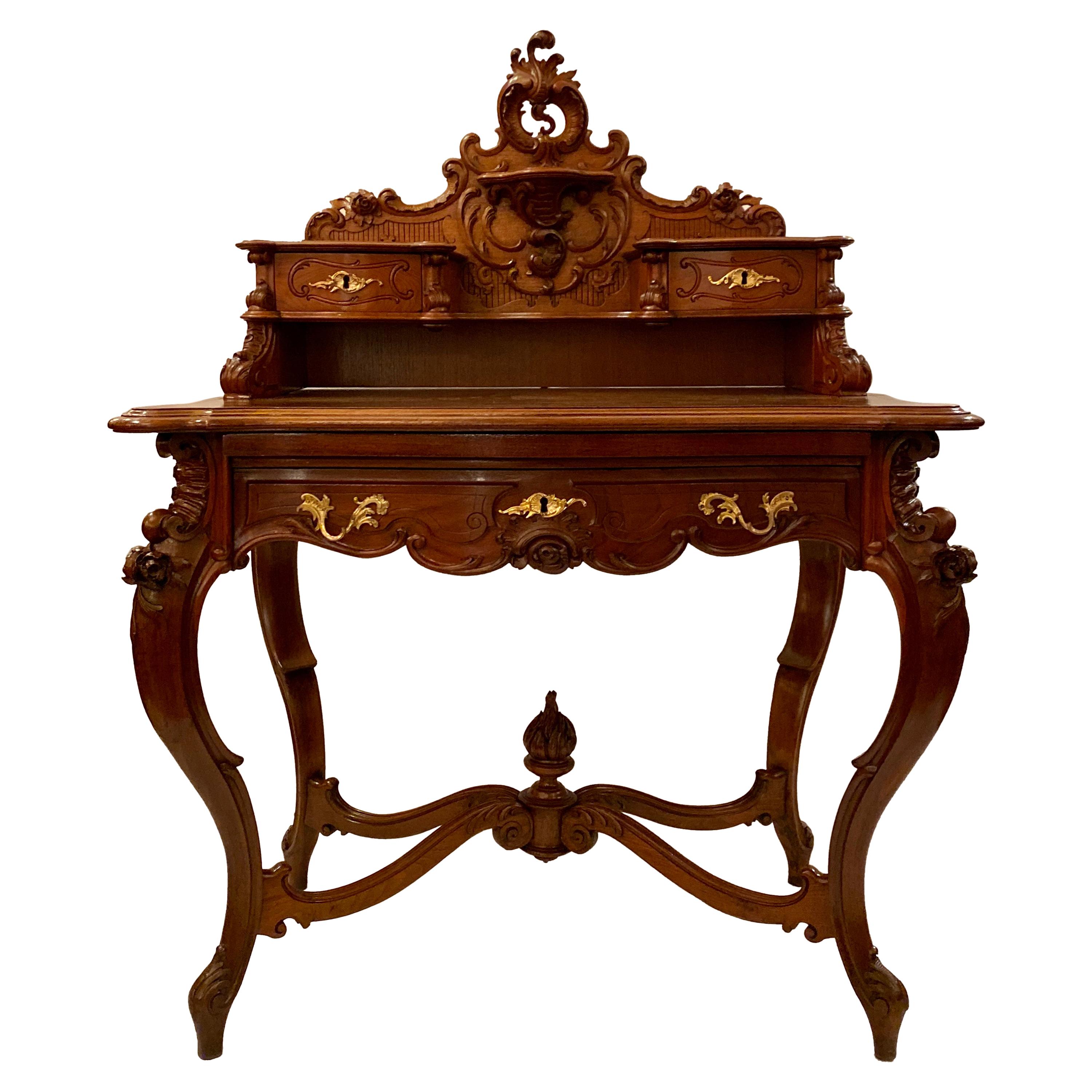 Antique French Carved Walnut Bon Heur Du Jour Writing Desk