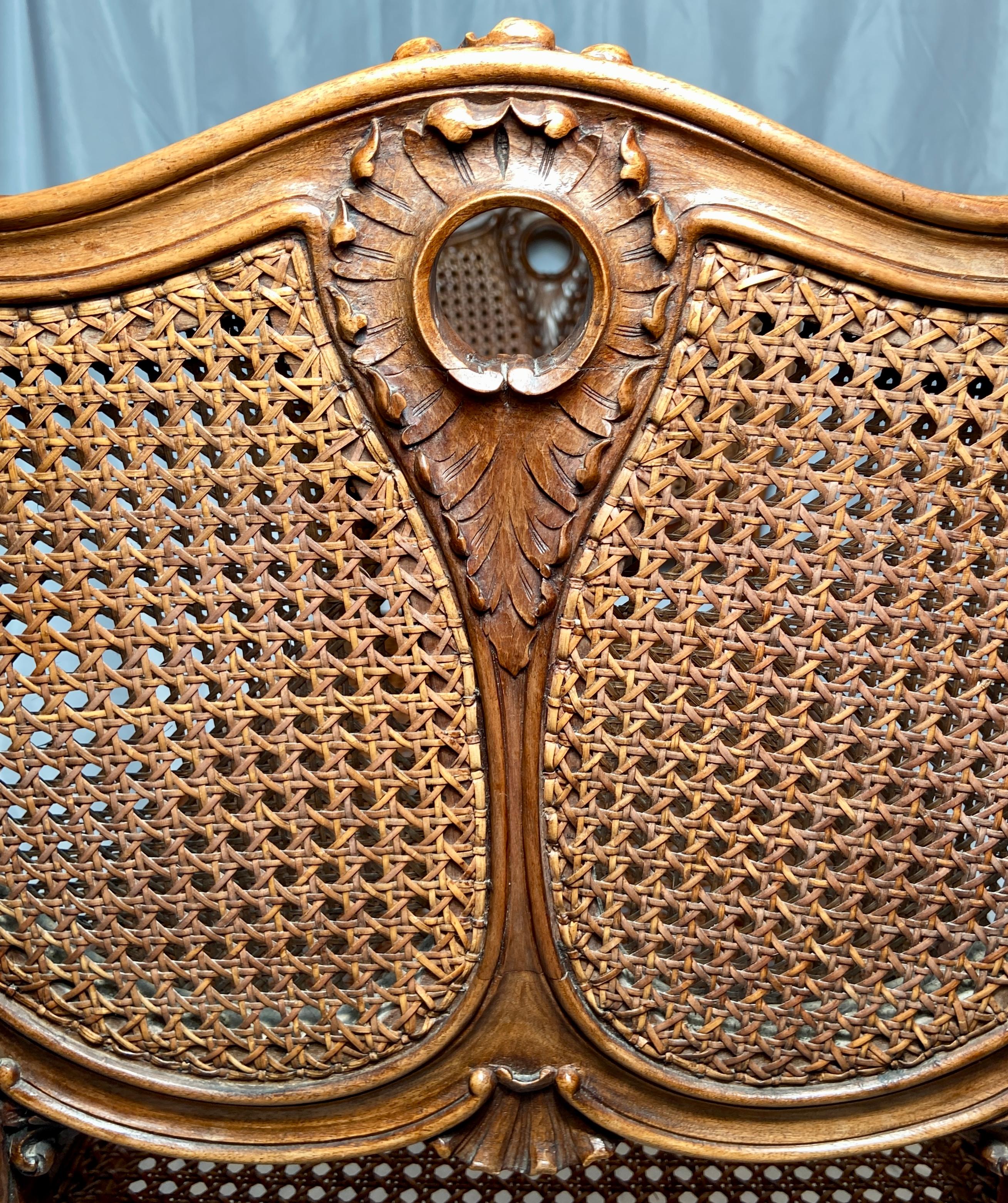 Antique French Carved Walnut & Cane Window Seat Bench with Cushion, Circa 1880's For Sale 1