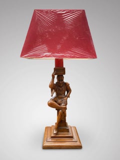 Antique French Carved Walnut Court Jester Table Lamp with red shade