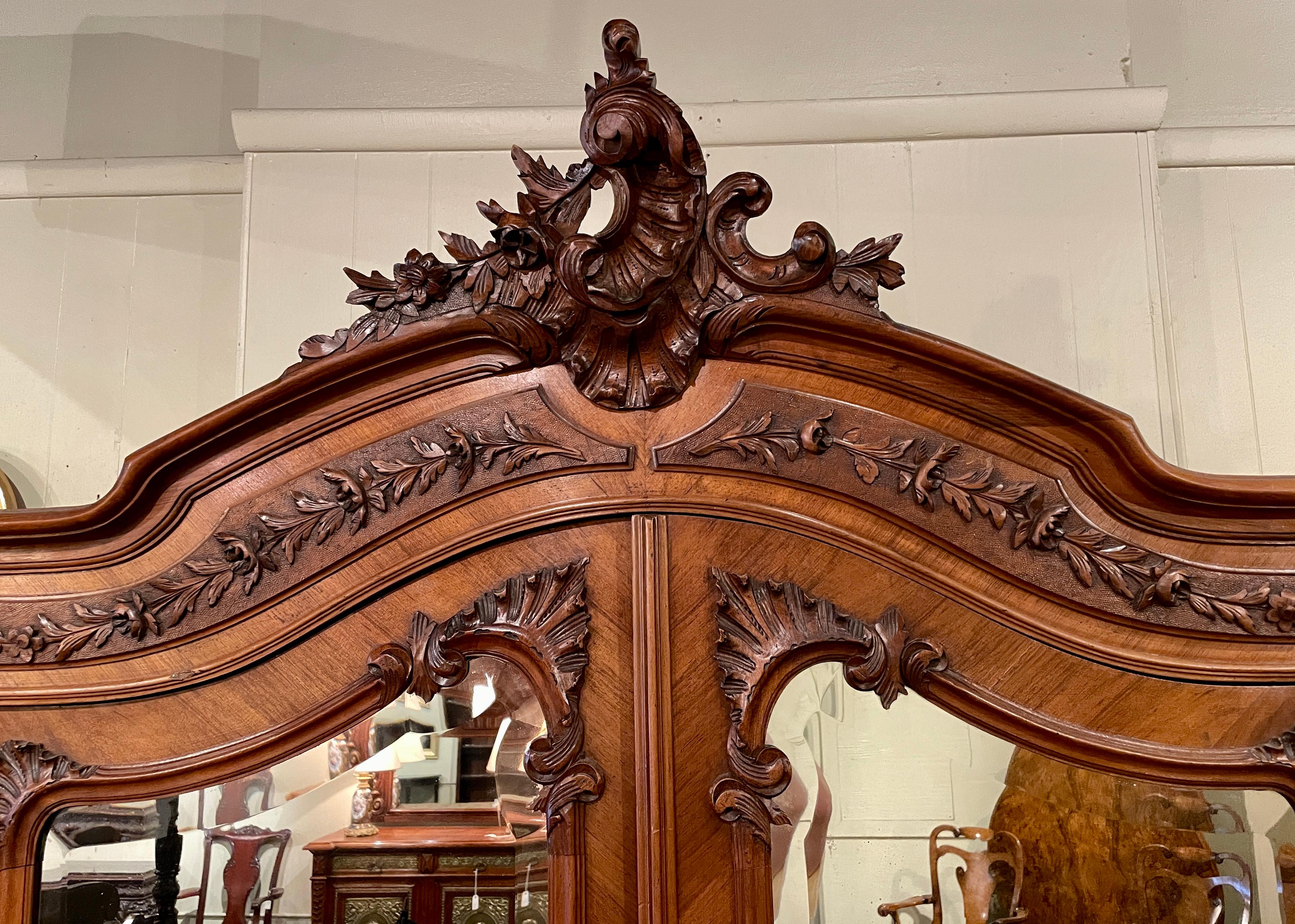 Antique French Carved Walnut Double Door Armoire with Beveled Mirrors circa 1890 In Good Condition In New Orleans, LA