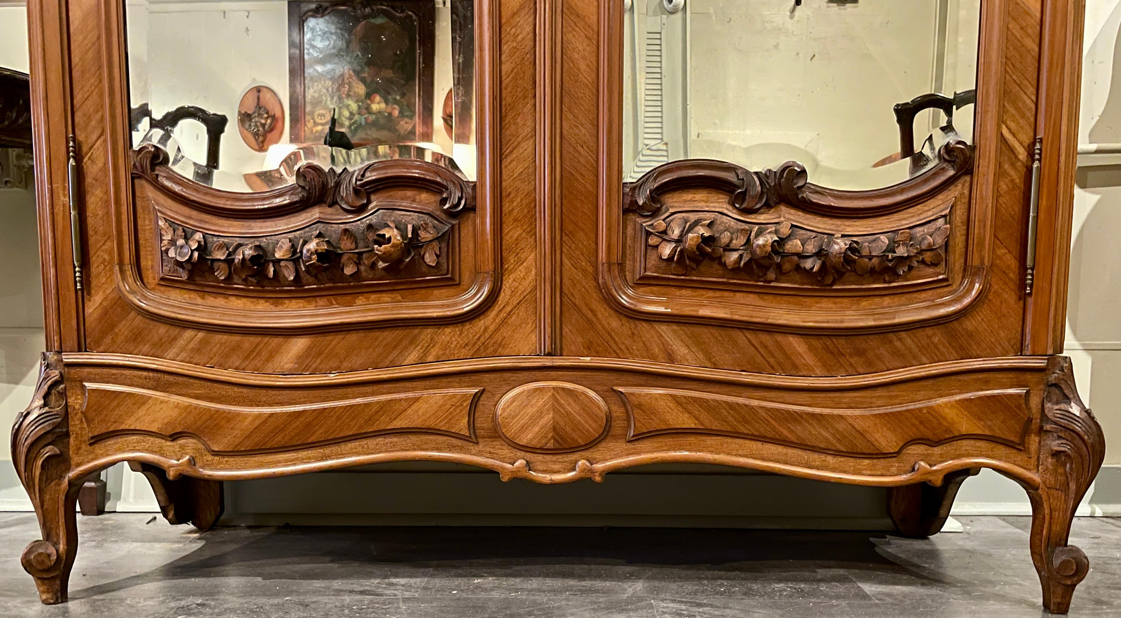 Antique French Carved Walnut Double Door Armoire with Beveled Mirrors circa 1890 2