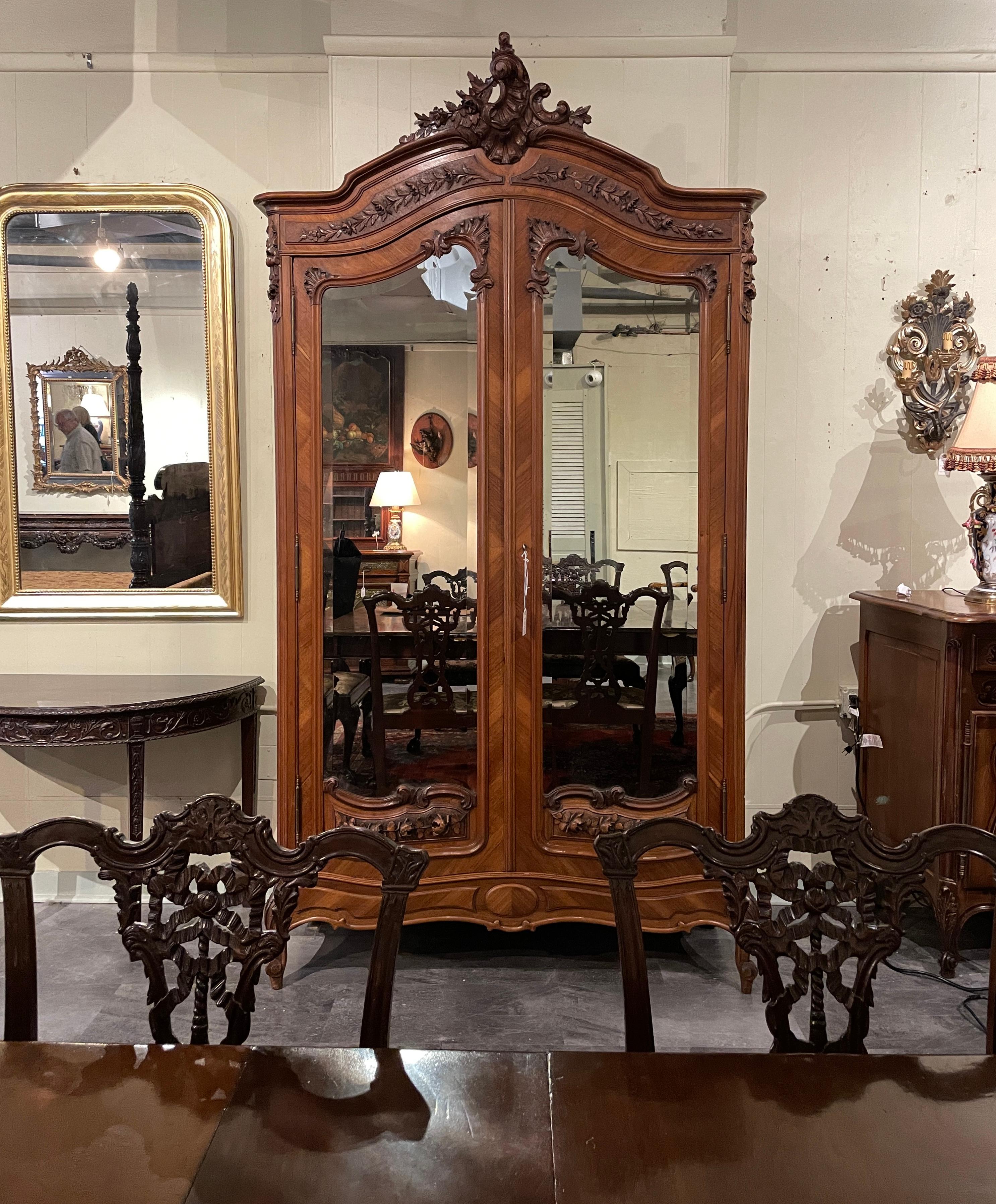 Antique French Carved Walnut Double Door Armoire with Beveled Mirrors circa 1890 4
