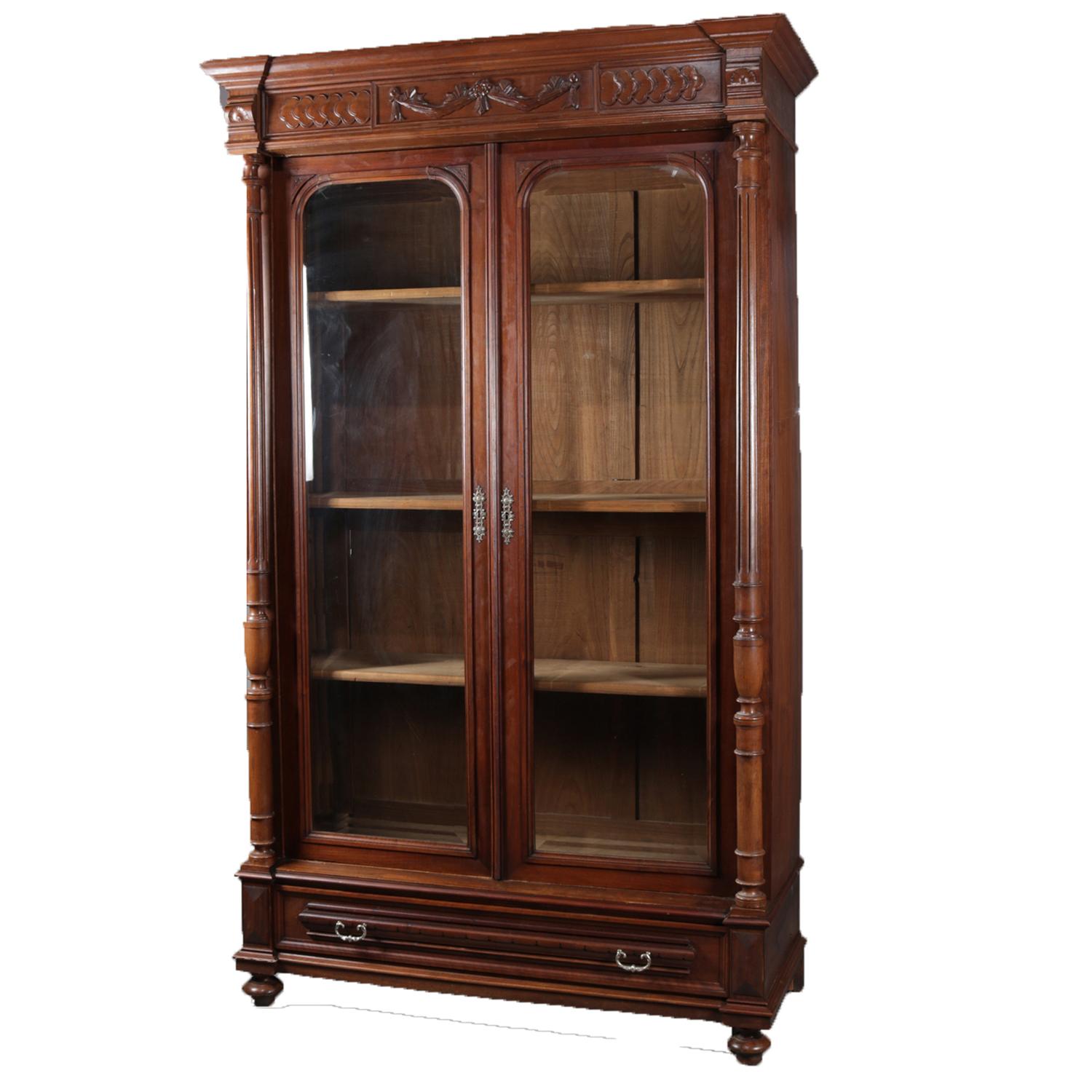 Antique French Carved Walnut Double Door Enclosed Bookcase, circa 1890