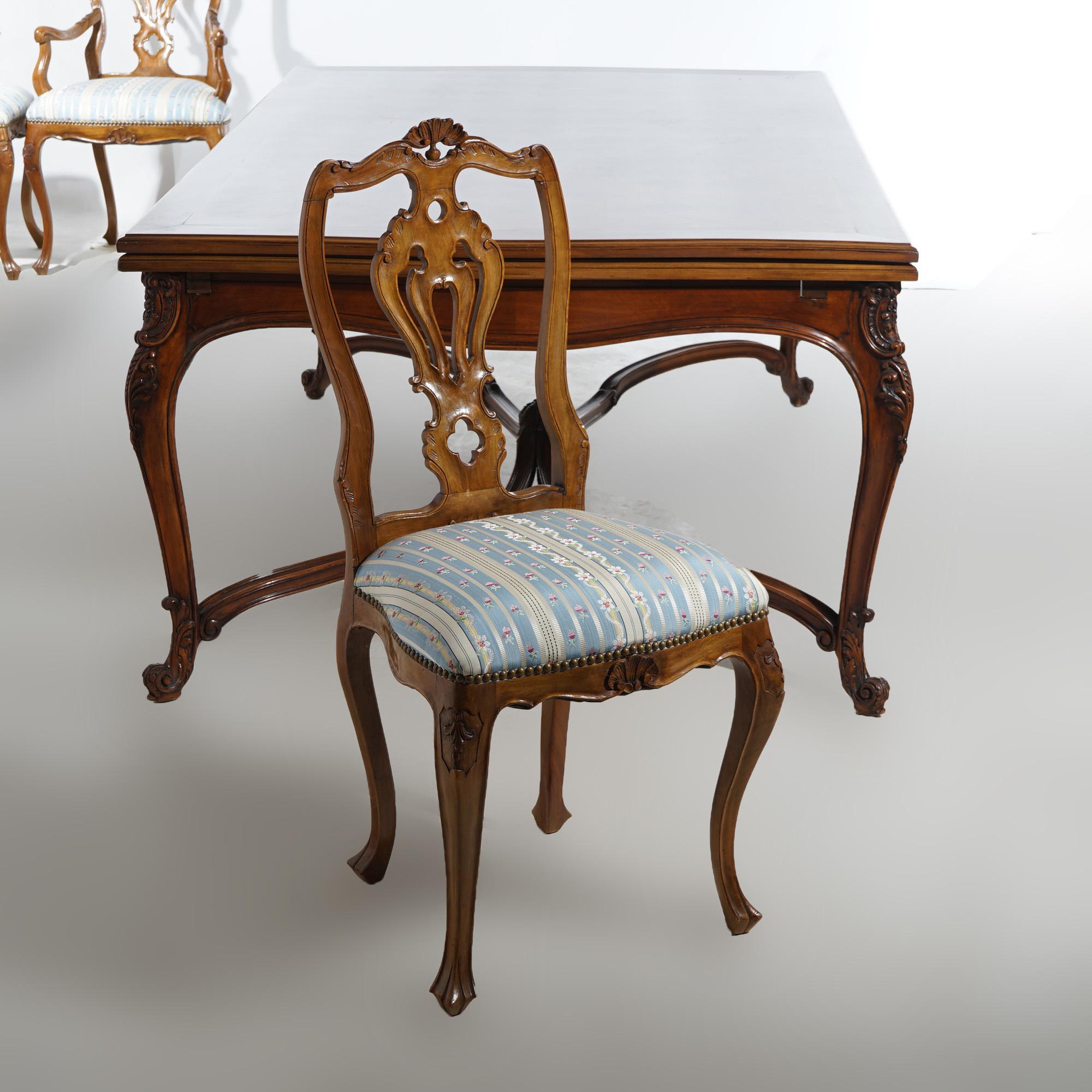 Antique French Carved Walnut Draw-top Dining Set with Table & Eight Chairs C1930 In Good Condition For Sale In Big Flats, NY