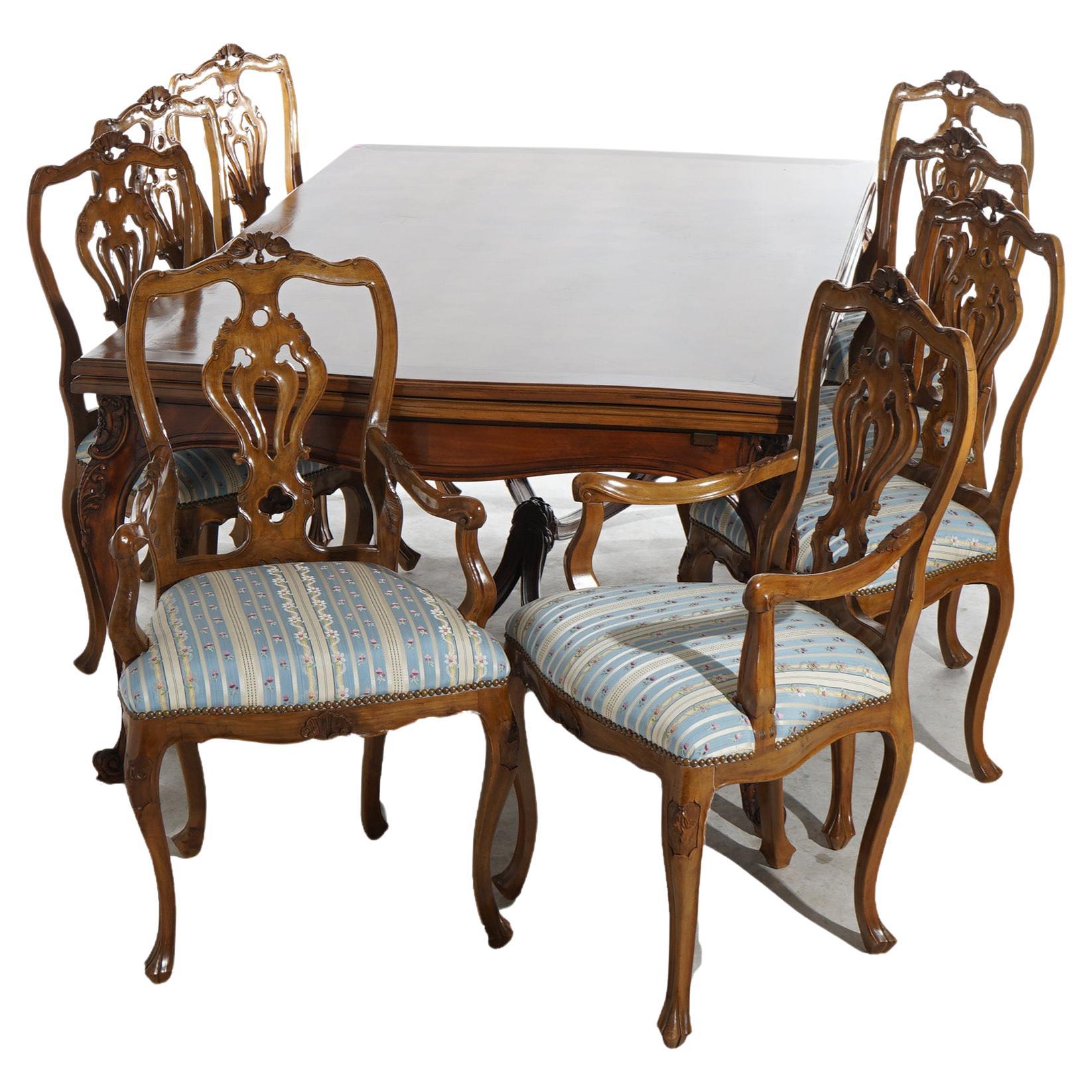 Antique French Carved Walnut Draw-top Dining Set with Table & Eight Chairs C1930 For Sale