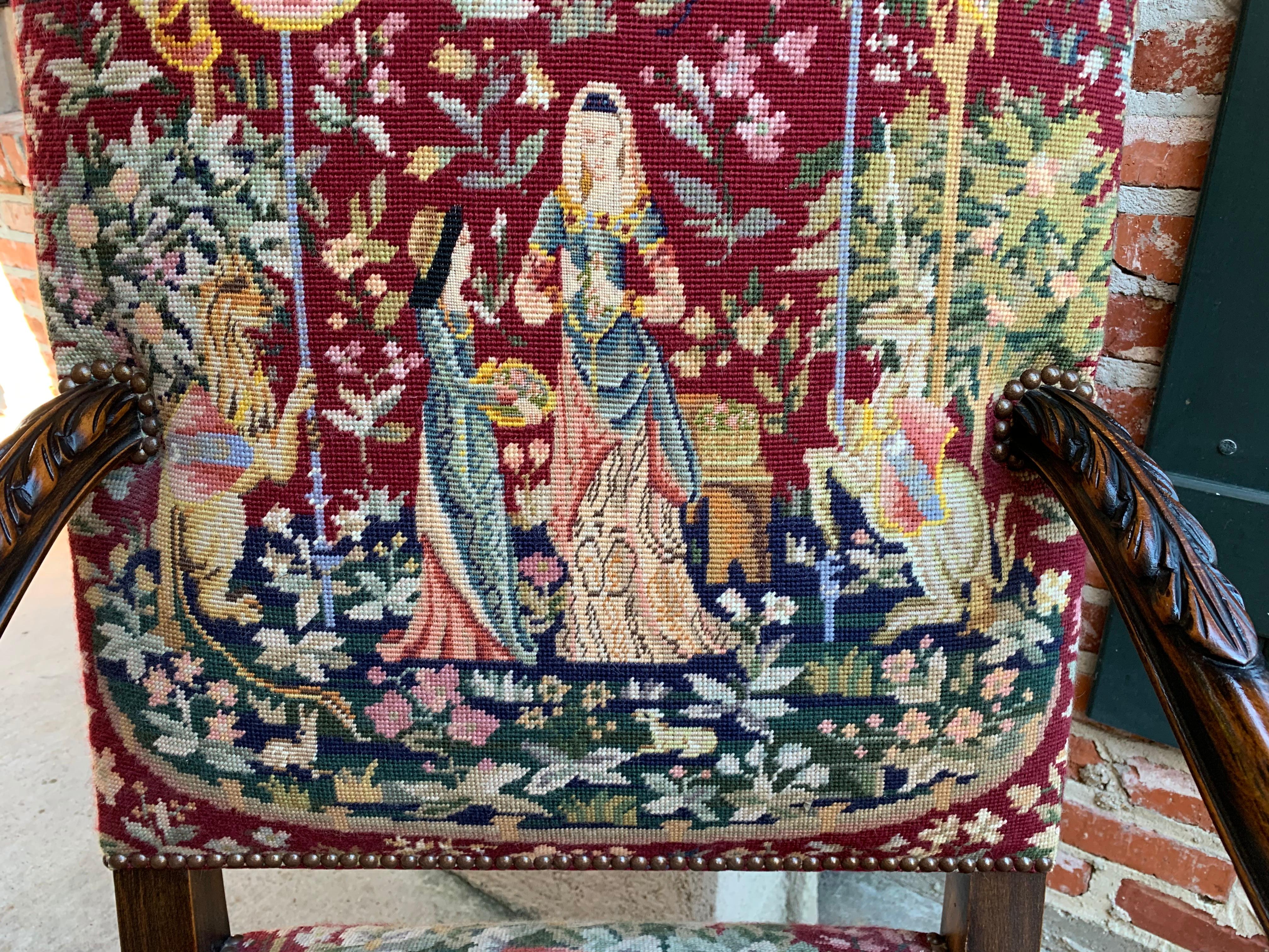 Antique French Carved Walnut Fireside Dining Armchair Tapestry Unicorn and Lady 4