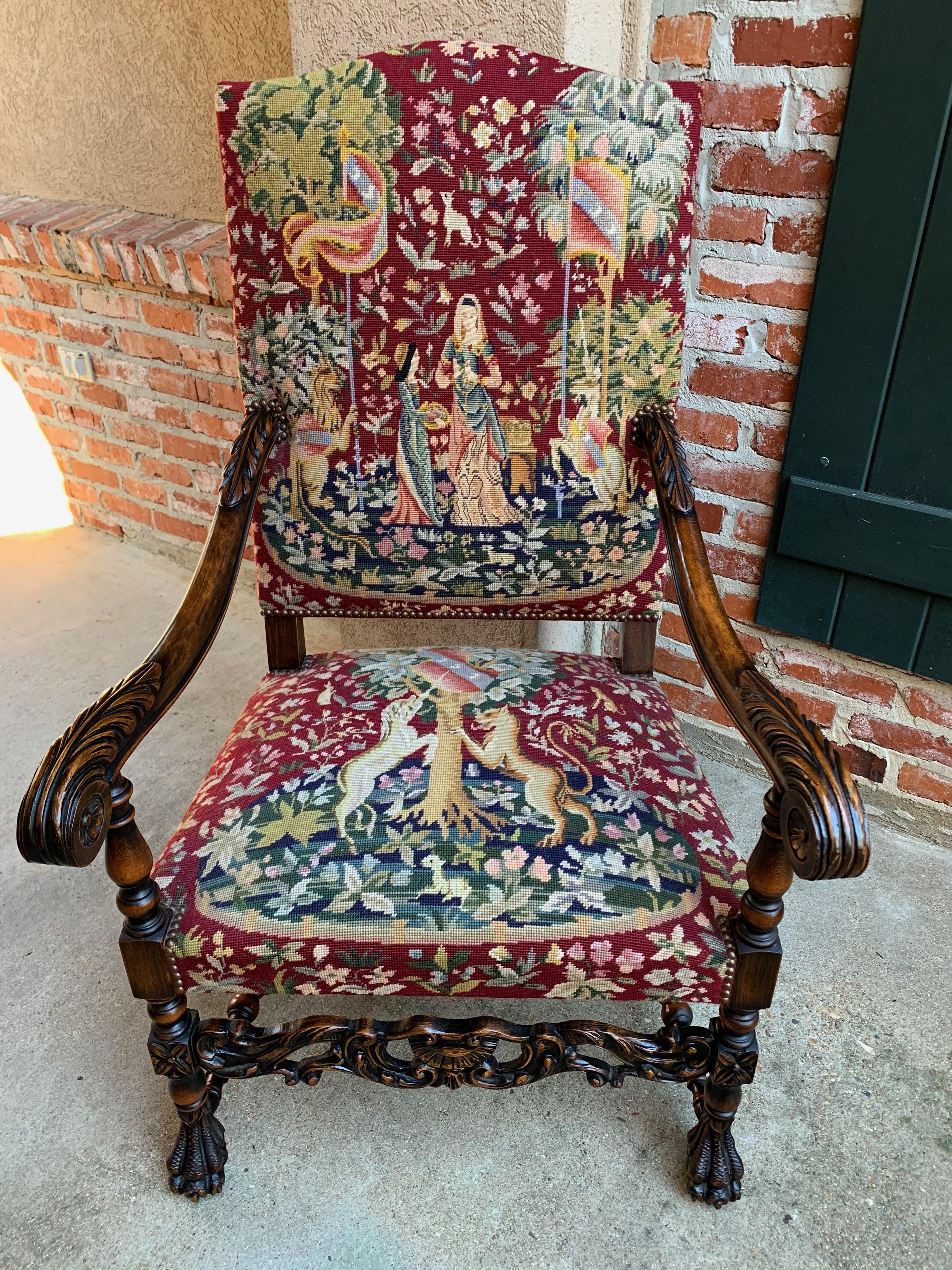 Antique French Carved Walnut Fireside Dining Armchair Tapestry Unicorn and Lady 6