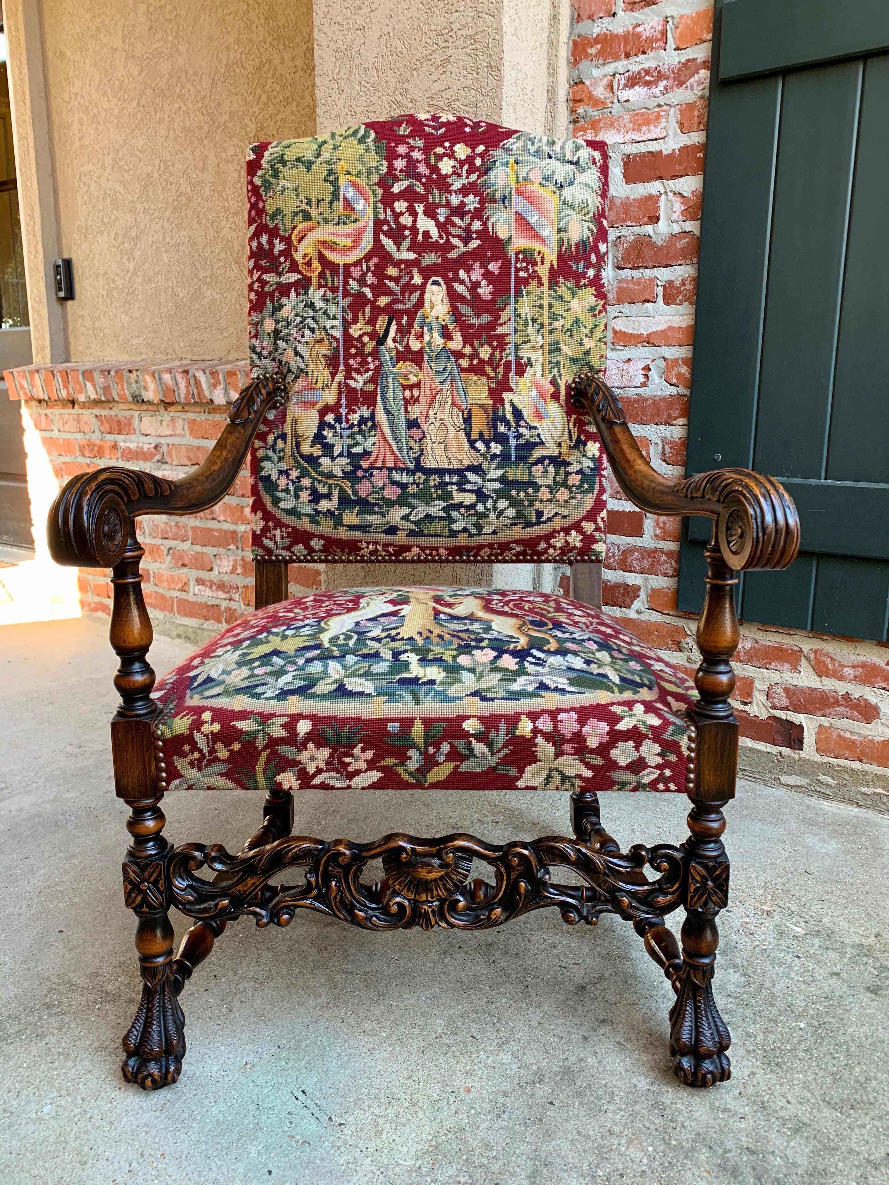 Antique French Carved Walnut Fireside Dining Armchair Tapestry Unicorn and Lady 7