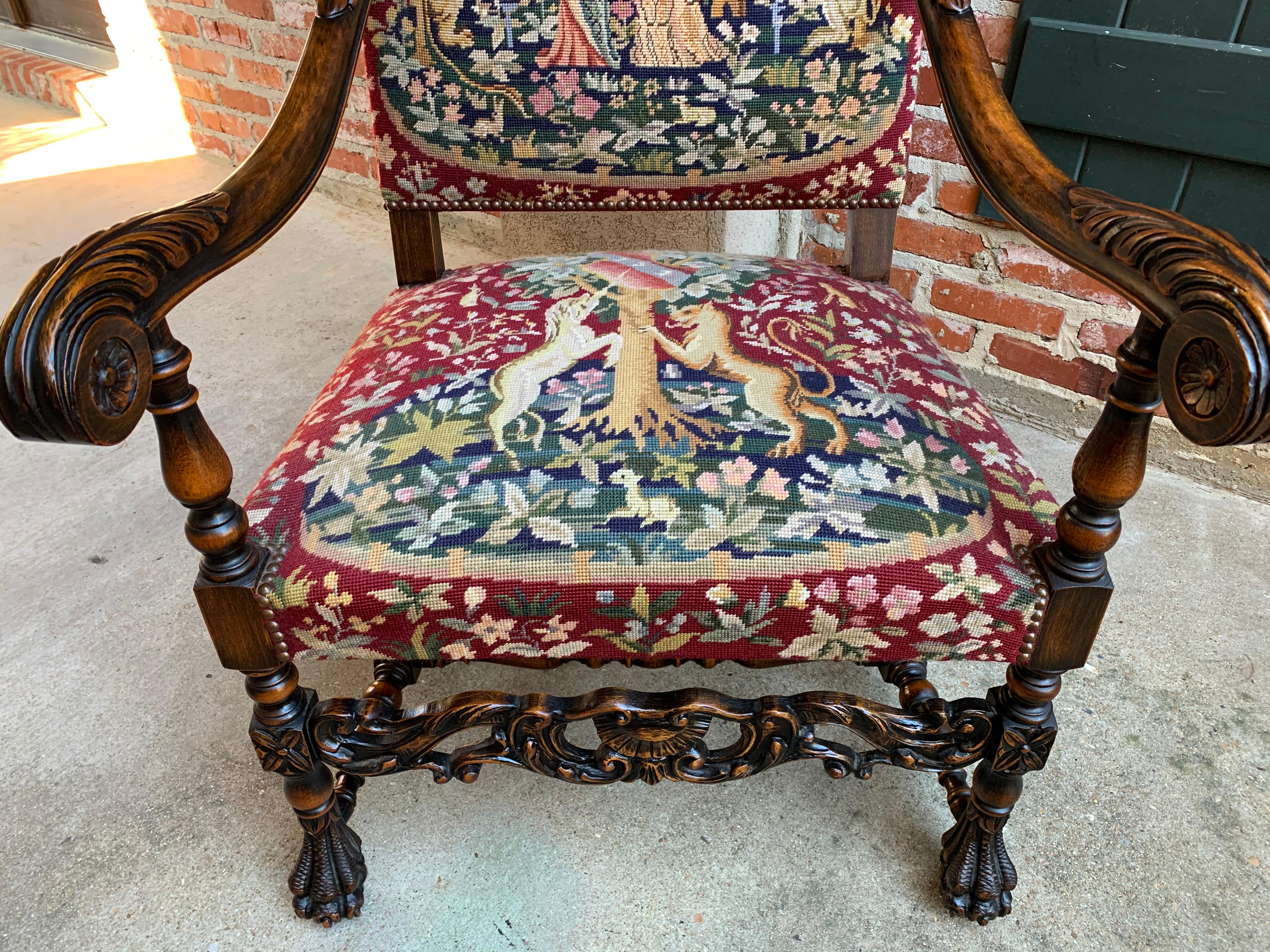 Renaissance Antique French Carved Walnut Fireside Dining Armchair Tapestry Unicorn and Lady