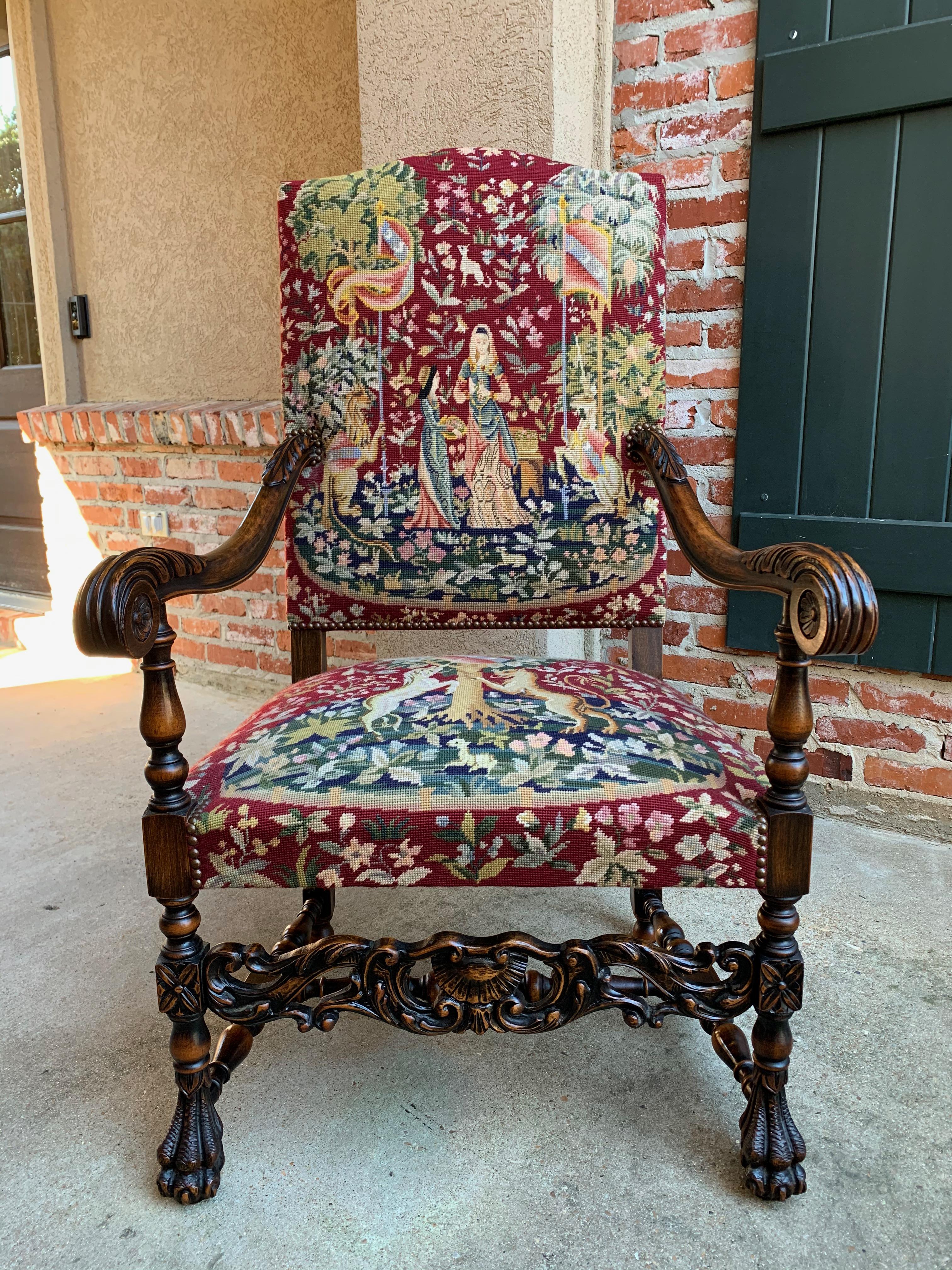 Antique French Carved Walnut Fireside Dining Armchair Tapestry Unicorn and Lady In Good Condition In Shreveport, LA