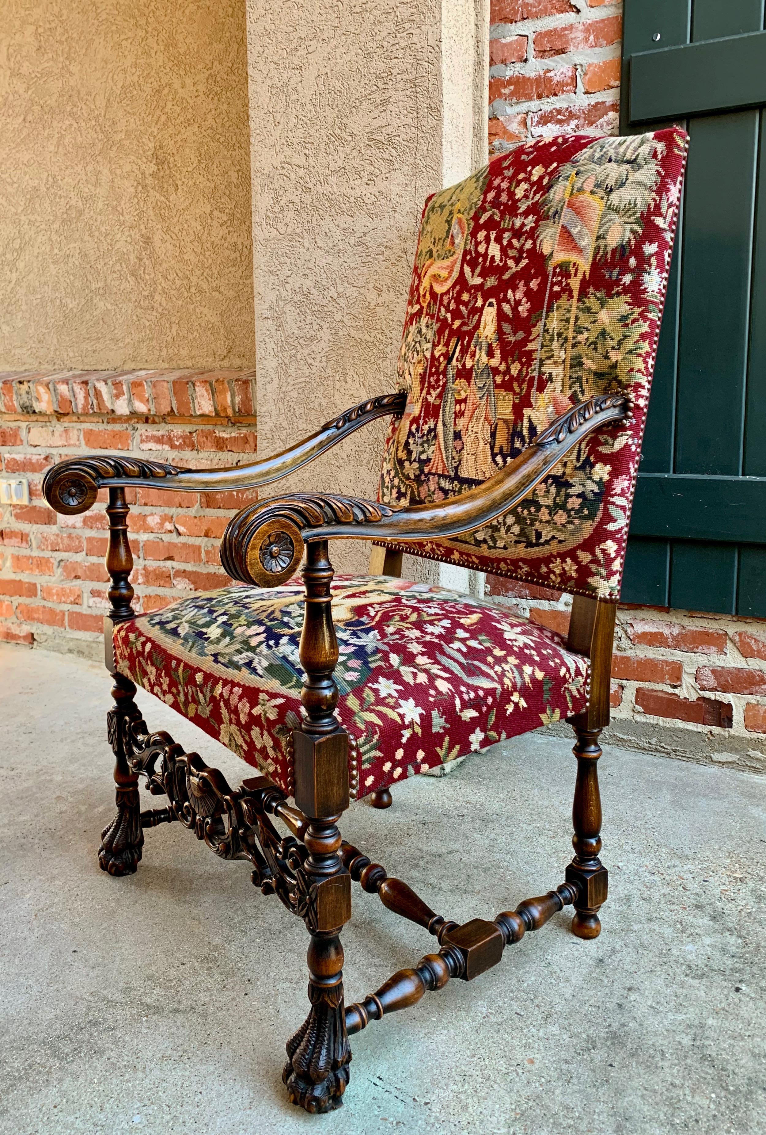 20th Century Antique French Carved Walnut Fireside Dining Armchair Tapestry Unicorn and Lady