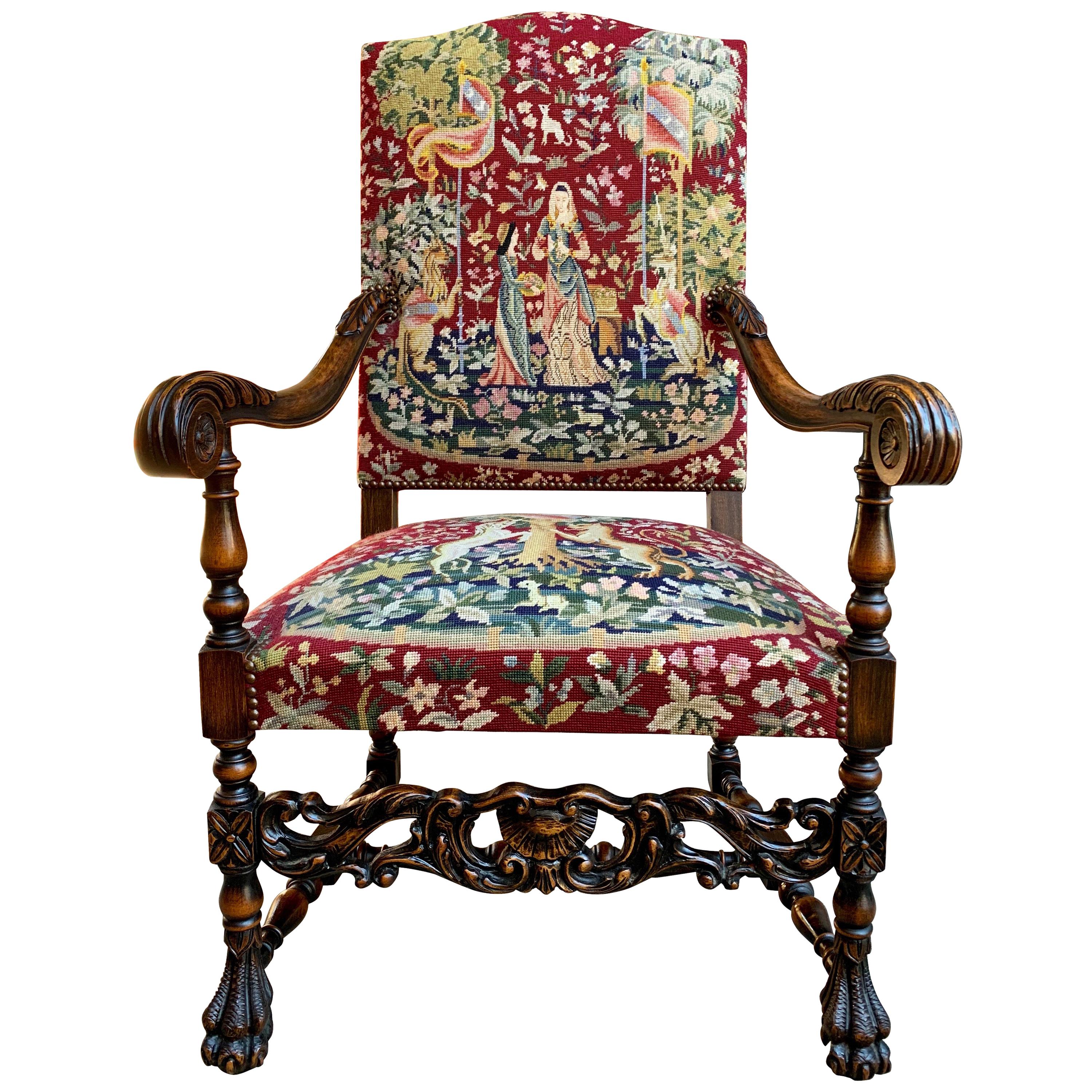 Antique French Carved Walnut Fireside Dining Armchair Tapestry Unicorn and Lady