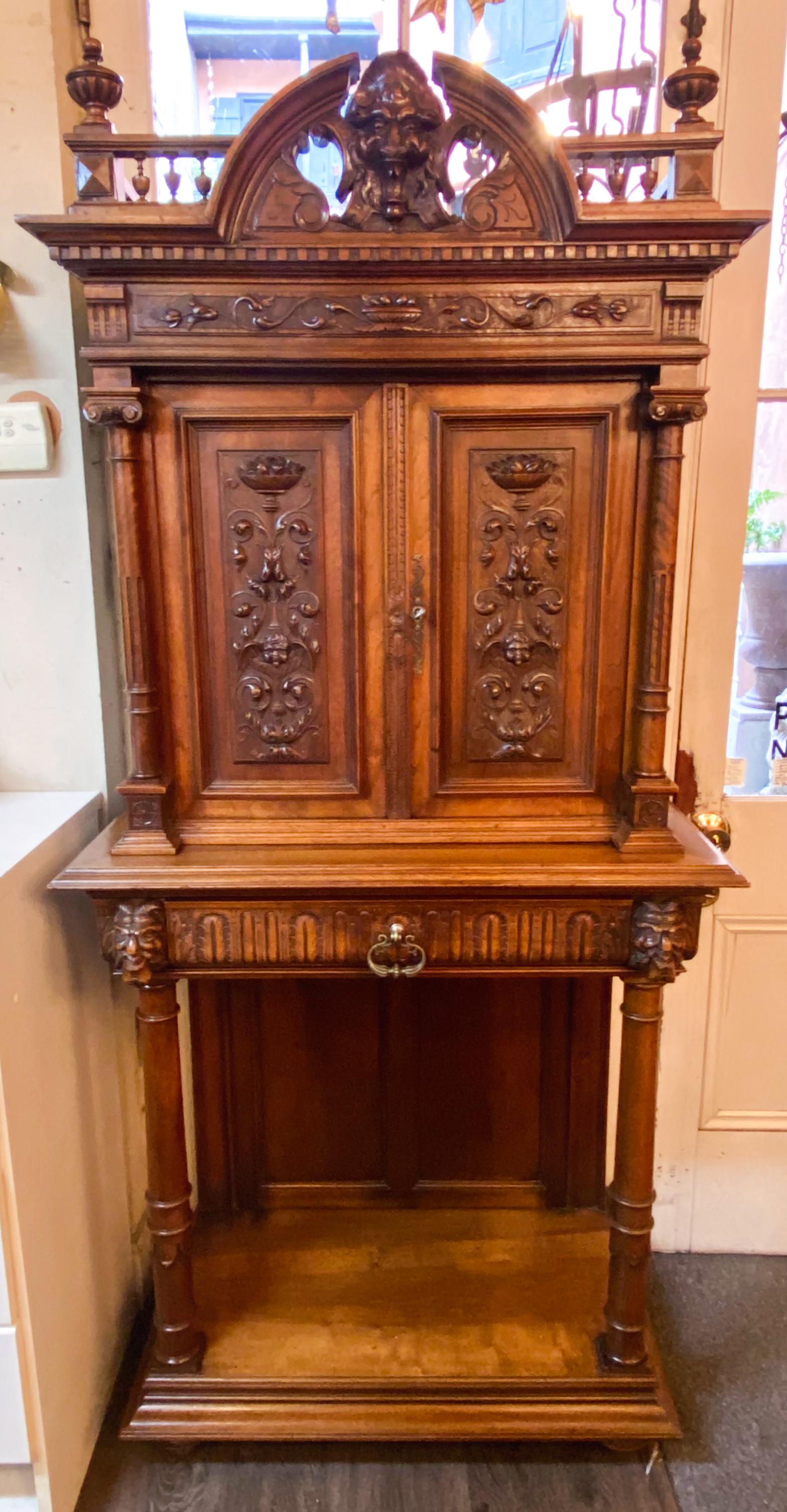 Antique French carved walnut Francis the first style sideboard, circa 1880-1890.