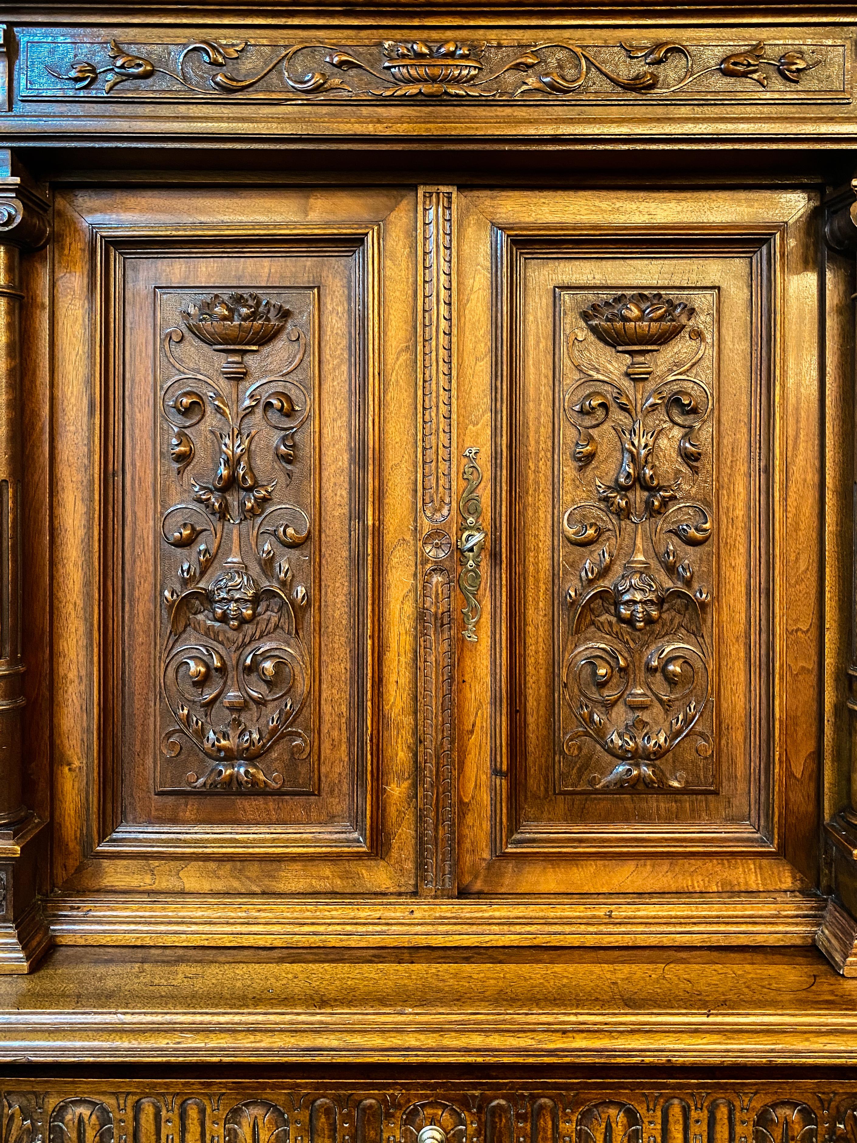 Antique French Carved Walnut Francis the First Style Sideboard, circa 1880-1890 In Good Condition In New Orleans, LA