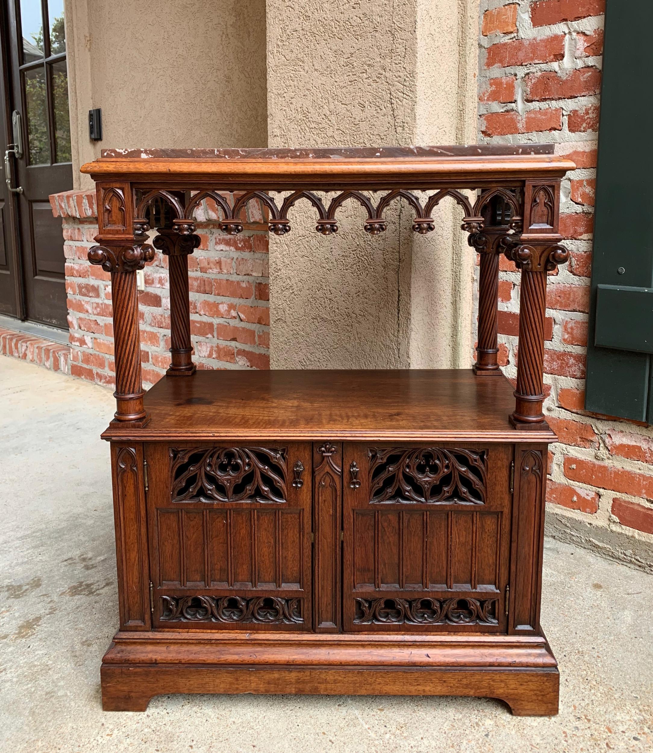 Antique French Carved Walnut Gothic End Sofa Table Cabinet Renaissance Marble 8