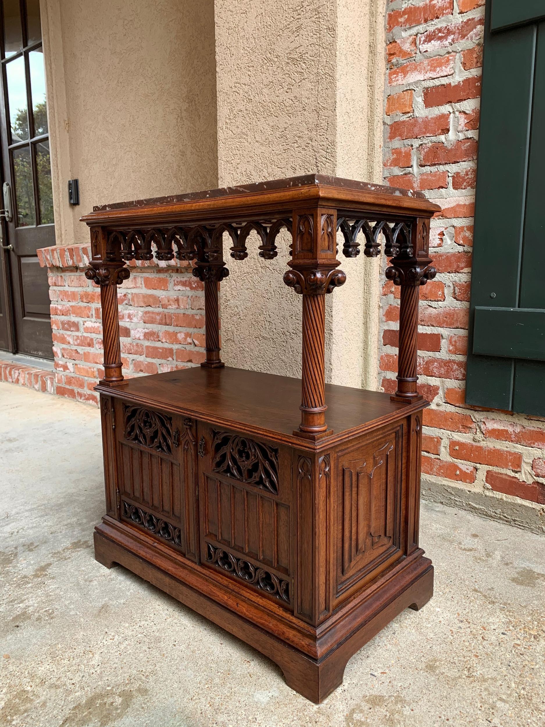 Hand-Carved Antique French Carved Walnut Gothic End Sofa Table Cabinet Renaissance Marble