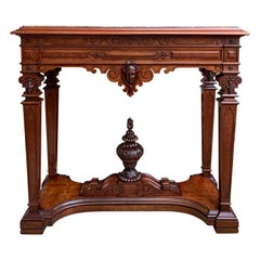 19th century French Carved Walnut Hall Console Table Marble Empire Regency Style