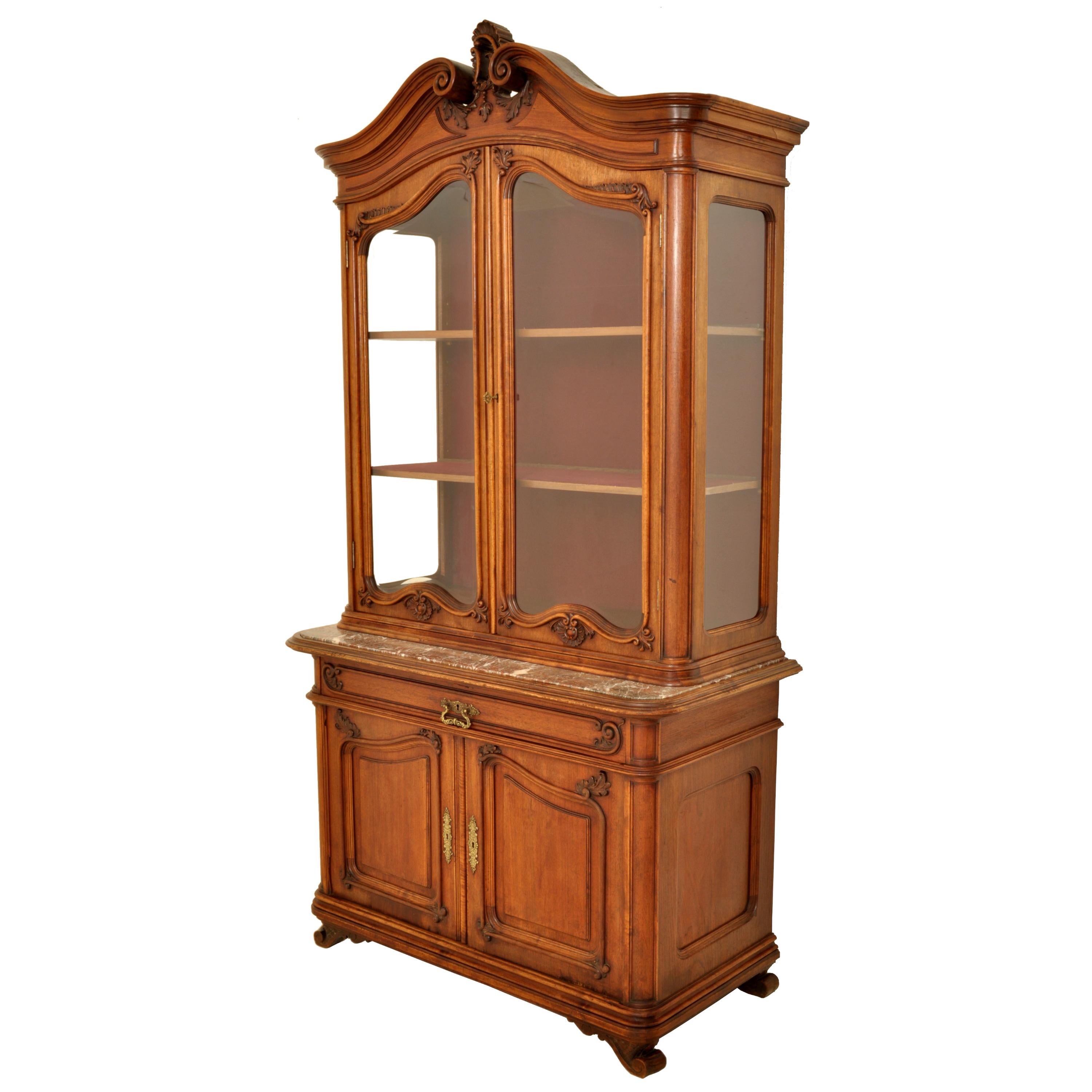 Antique French Carved Walnut & Marble Louis XV Buffet Vitrine Bookcase 1880 In Good Condition In Portland, OR