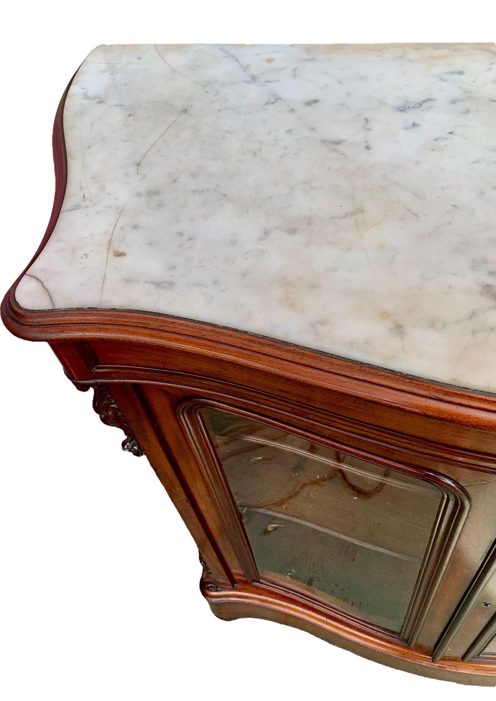 Antique French Carved Walnut Marble Top Bowfront Parlor Cabinet In Good Condition For Sale In New Orleans, LA