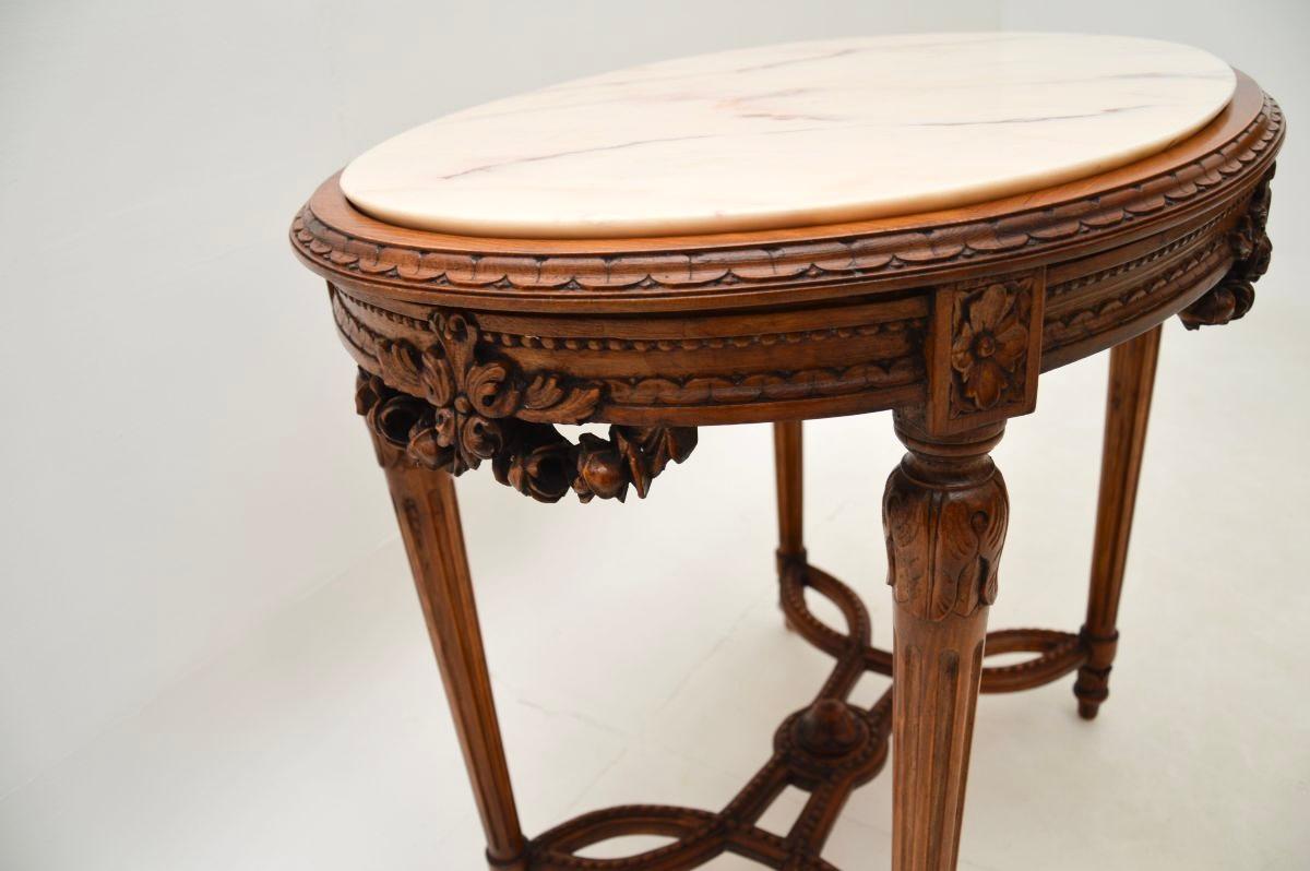 Mid-20th Century Antique French Carved Walnut Marble Top Occasional Table
