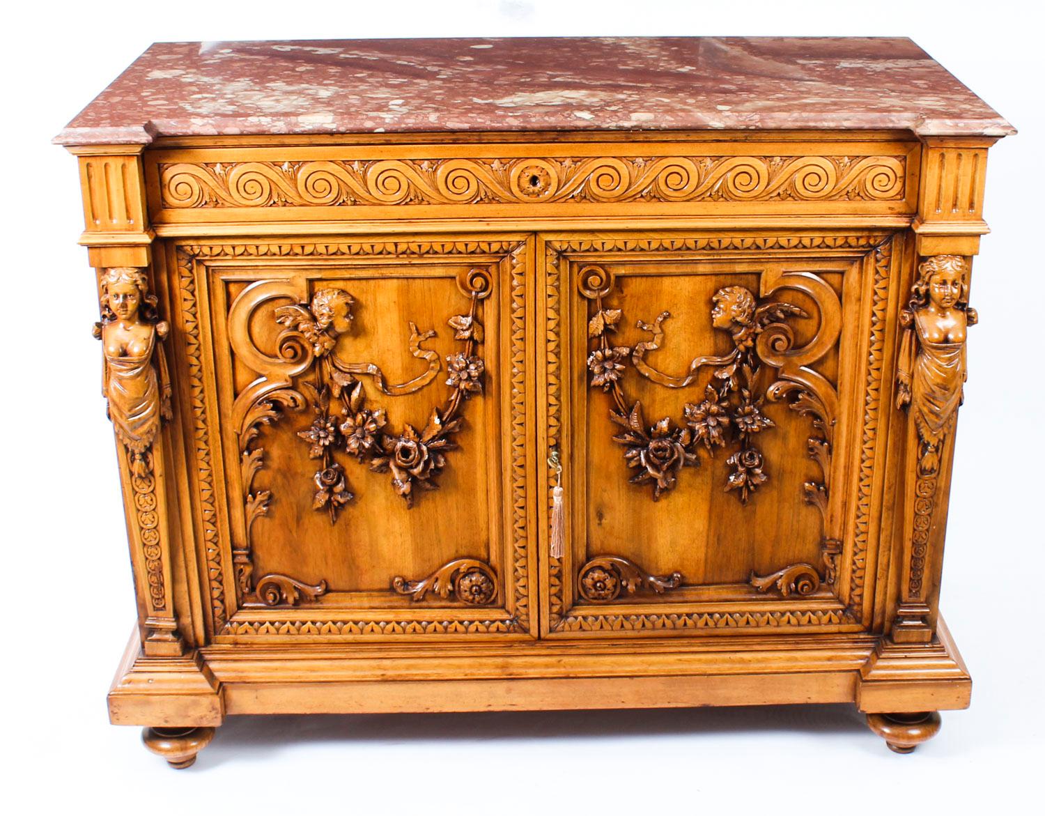 Antique French Carved Walnut Marble Topped Chiffonier, 19th Century In Good Condition In London, GB