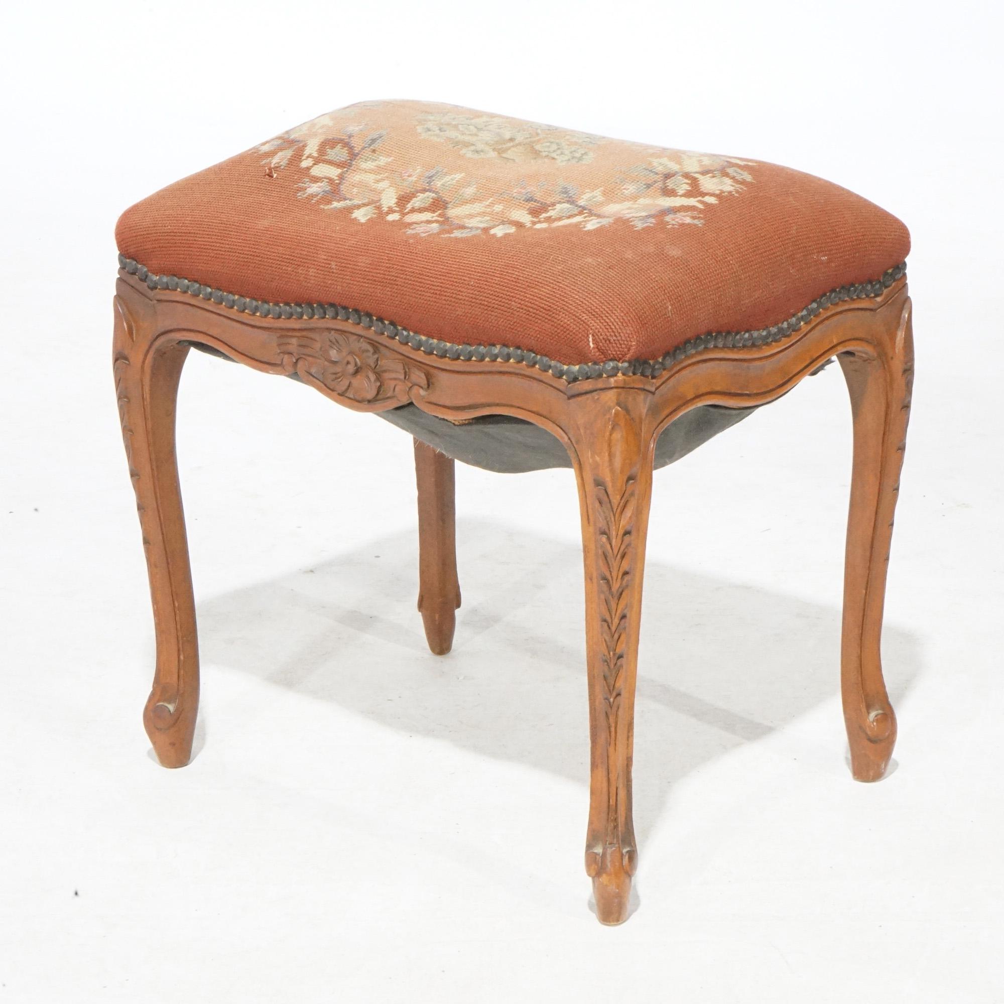 Antique French Carved Walnut & Needlepoint Bench, circa 1920 In Good Condition For Sale In Big Flats, NY