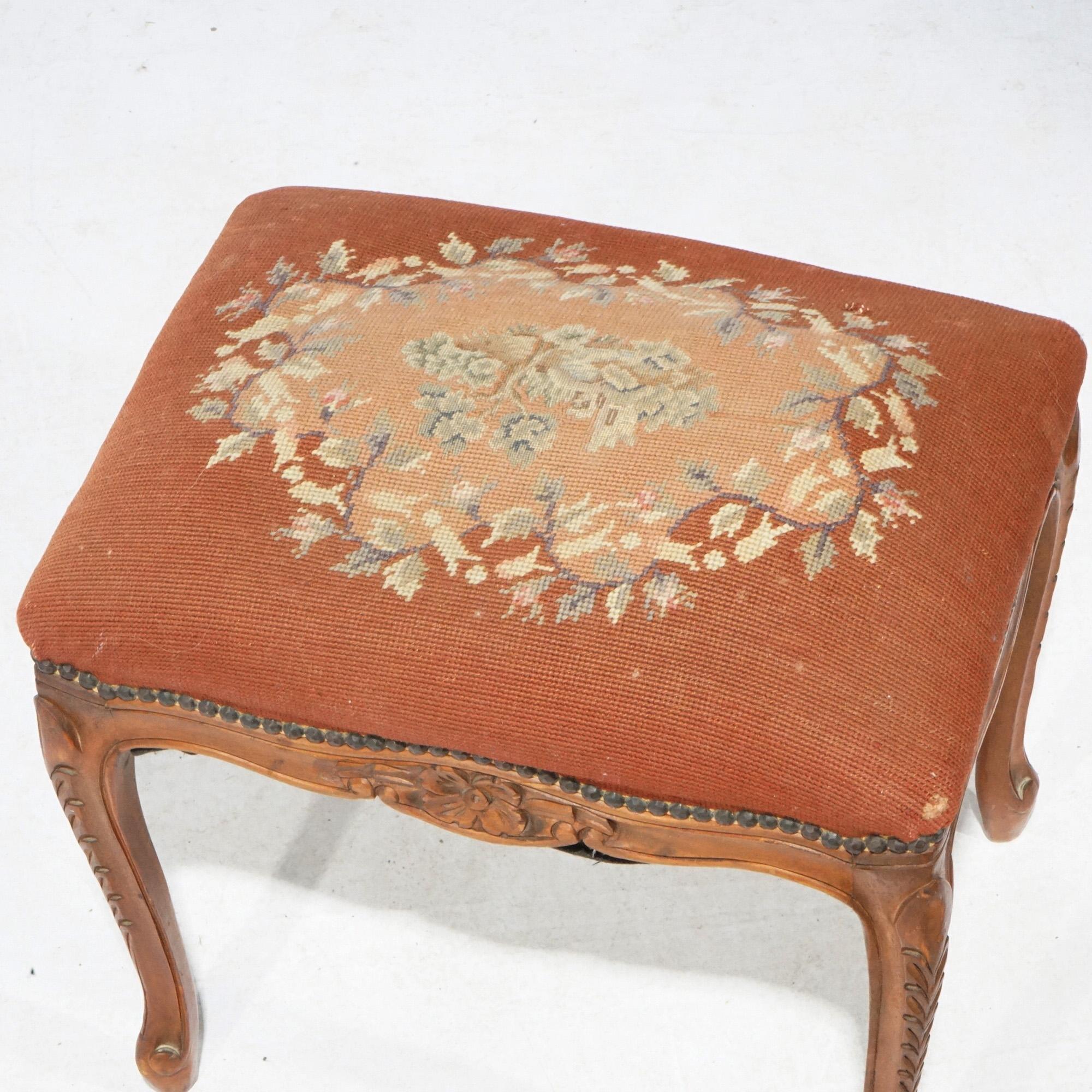 20th Century Antique French Carved Walnut & Needlepoint Bench, circa 1920 For Sale