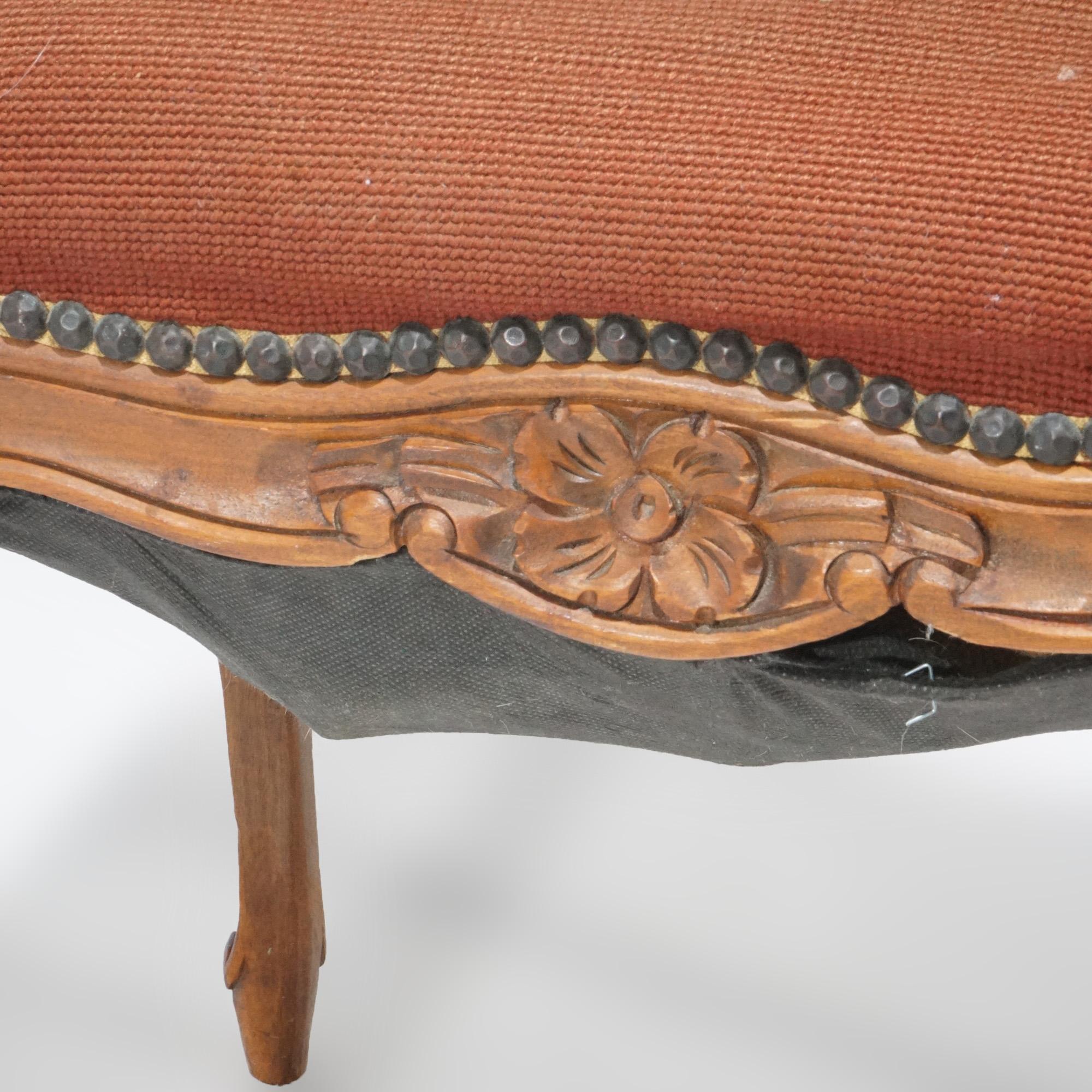 Antique French Carved Walnut & Needlepoint Bench, circa 1920 For Sale 3