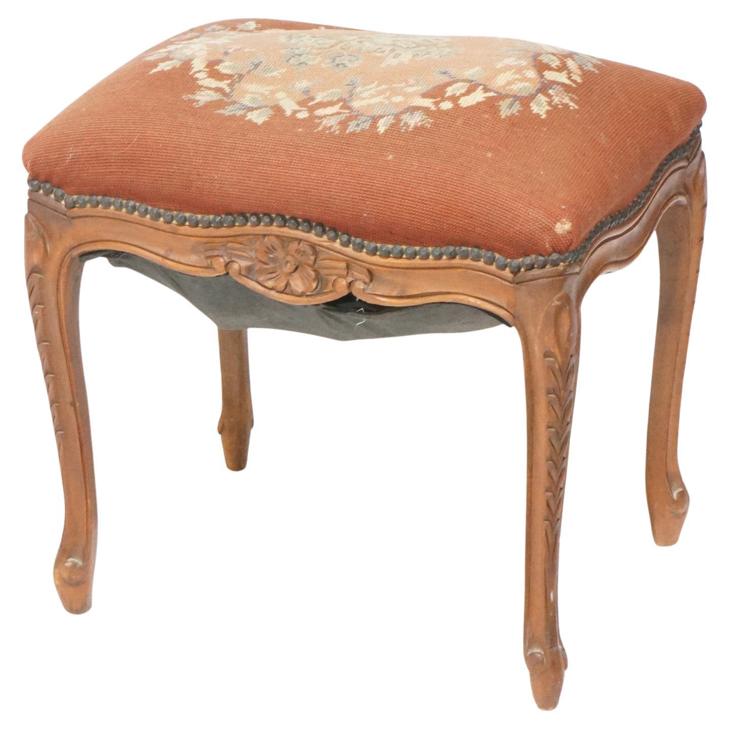 Antique French Carved Walnut & Needlepoint Bench, circa 1920 For Sale