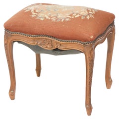 Antique French Carved Walnut & Needlepoint Bench, circa 1920