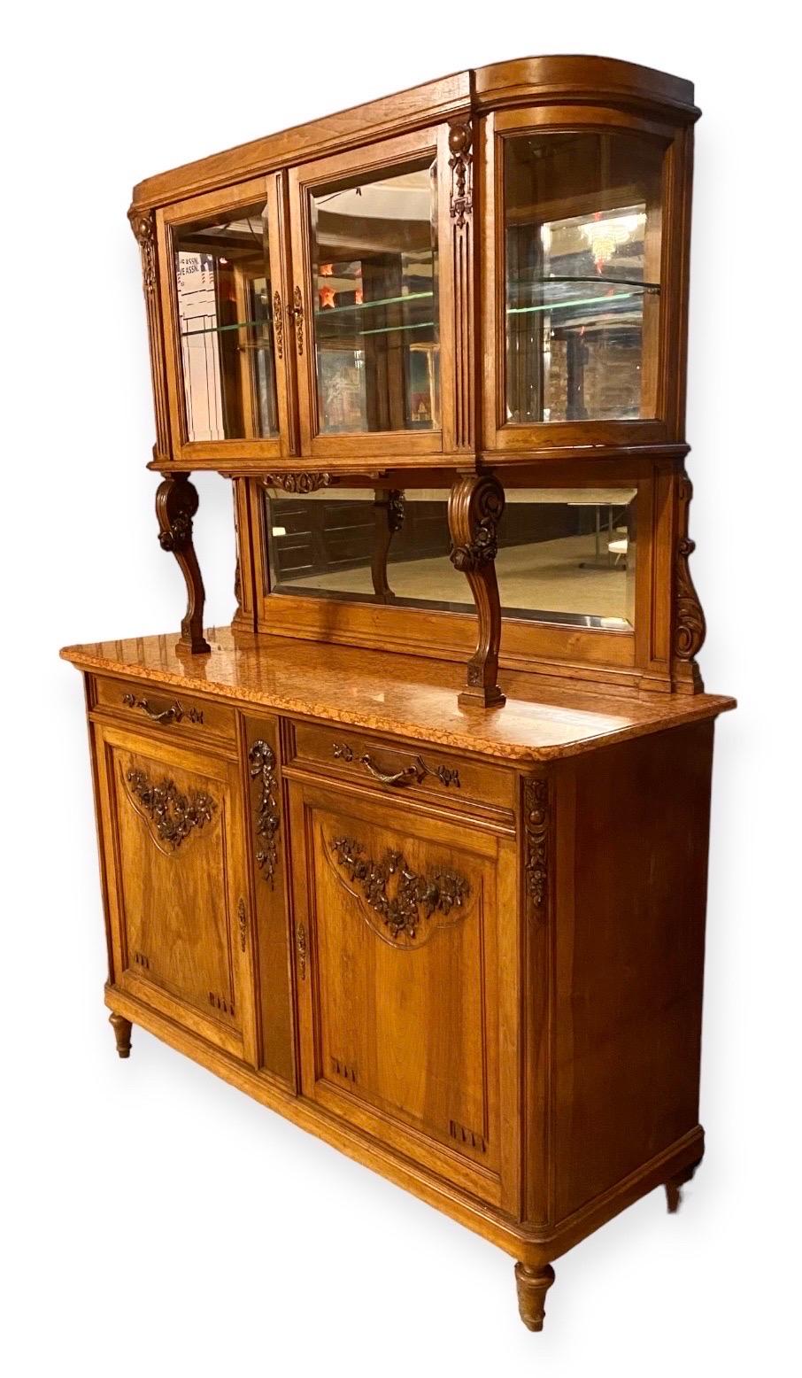 Beveled Antique French Carved Walnut Pastry Cabinet  For Sale