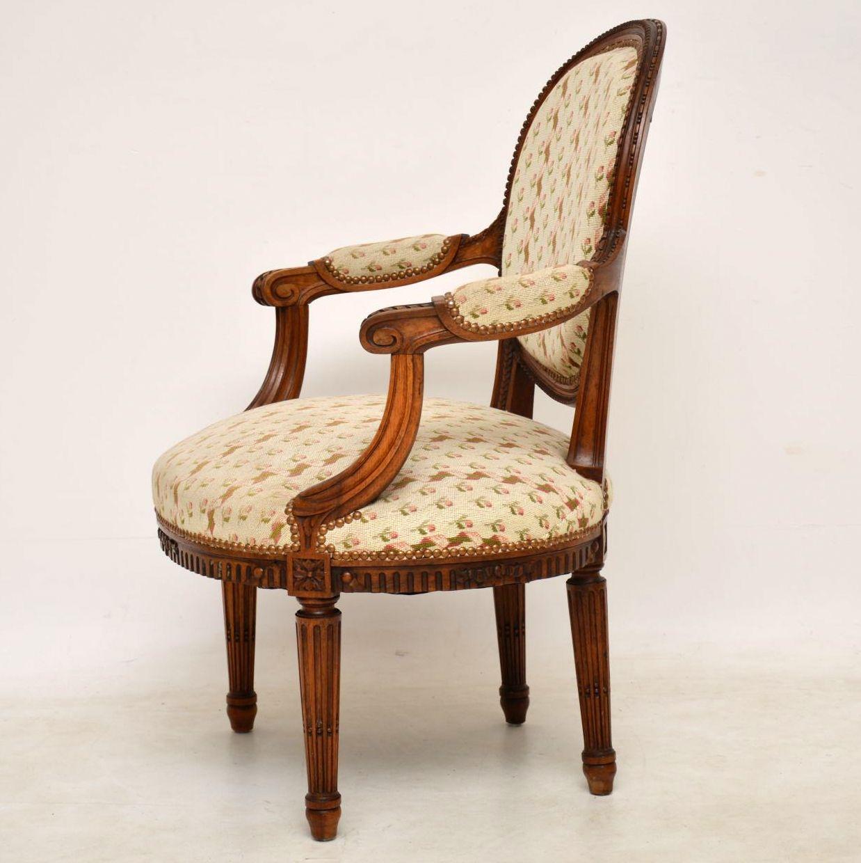 Early Victorian Antique French Carved Walnut Salon Armchair