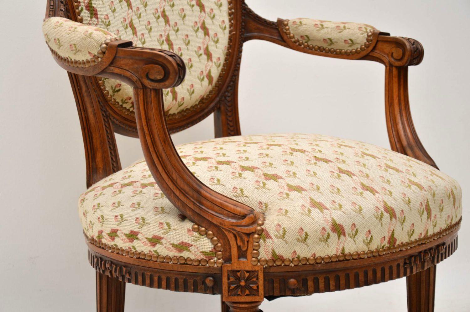 Antique French Carved Walnut Salon Armchair 2