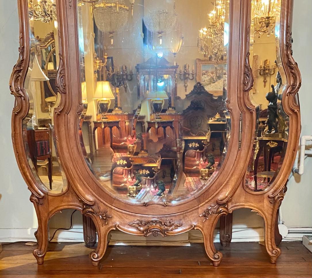 Late 19th Century Antique French Carved Walnut Serpentine Armoire with Beveled Mirrors, Circa 1880
