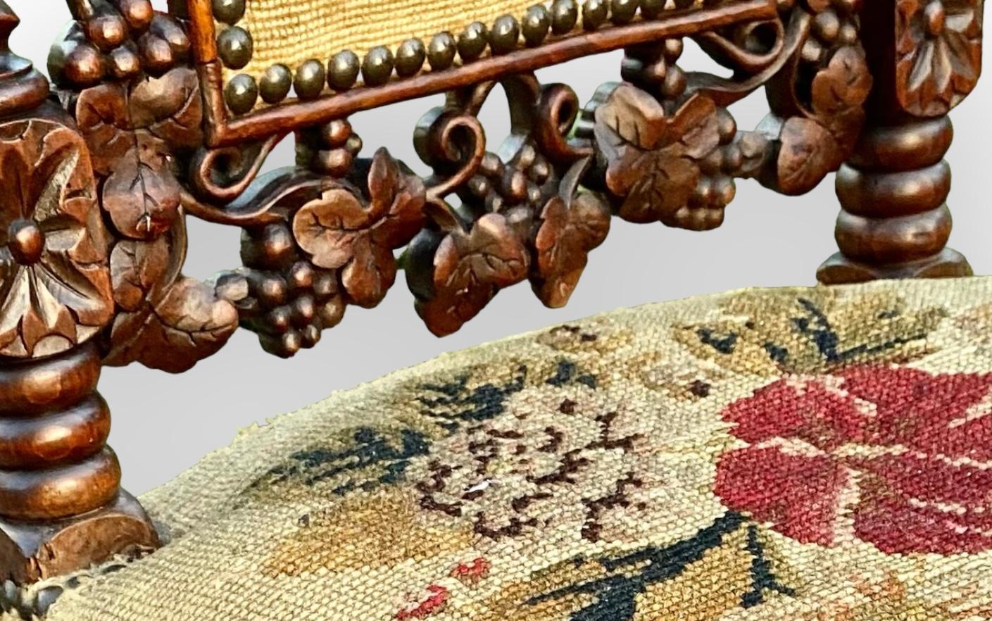 Antique French Carved Walnut Side Chair With Needle Point Upholstery For Sale 9