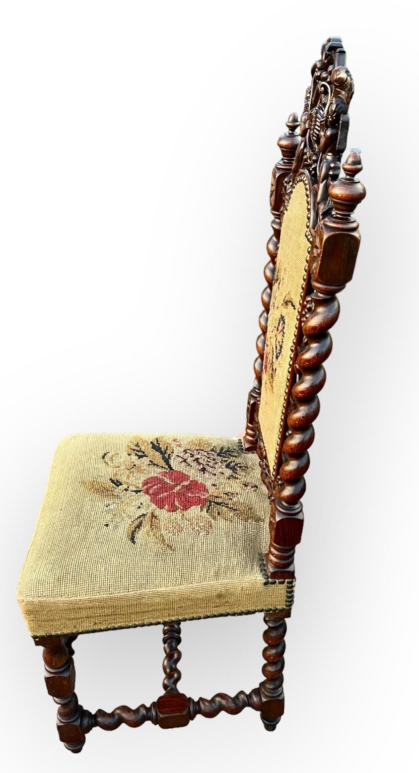 High Victorian Antique French Carved Walnut Side Chair With Needle Point Upholstery For Sale
