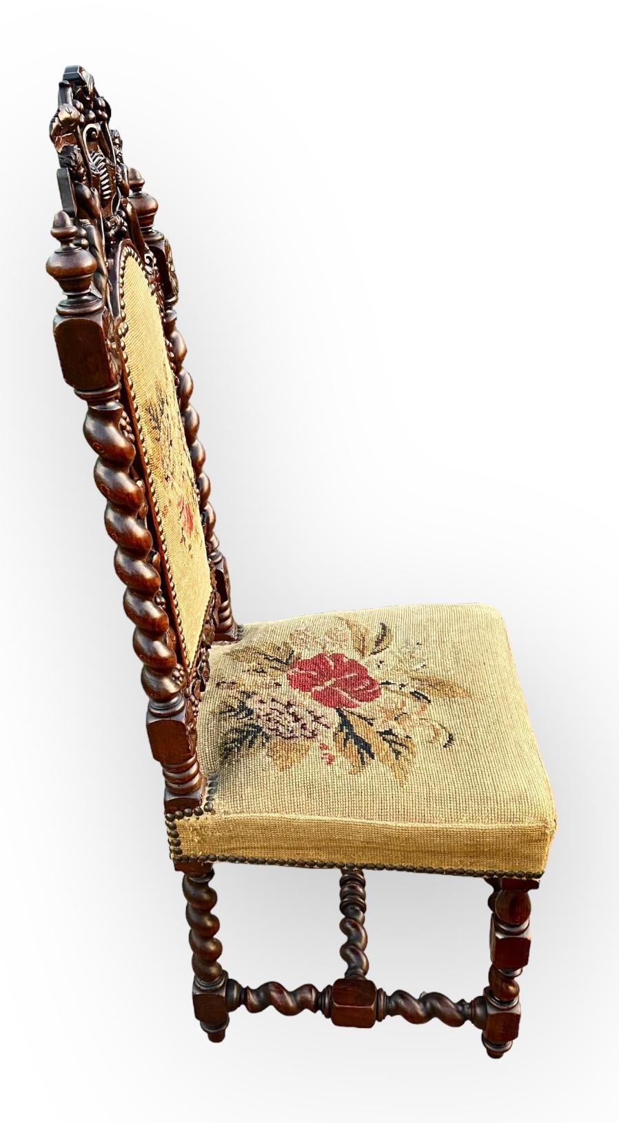Hand-Carved Antique French Carved Walnut Side Chair With Needle Point Upholstery For Sale