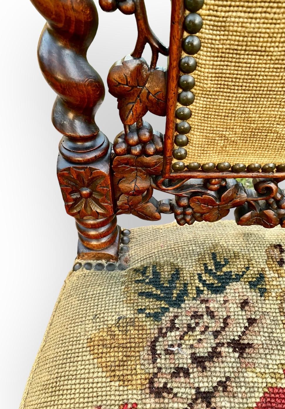 Late 19th Century Antique French Carved Walnut Side Chair With Needle Point Upholstery For Sale