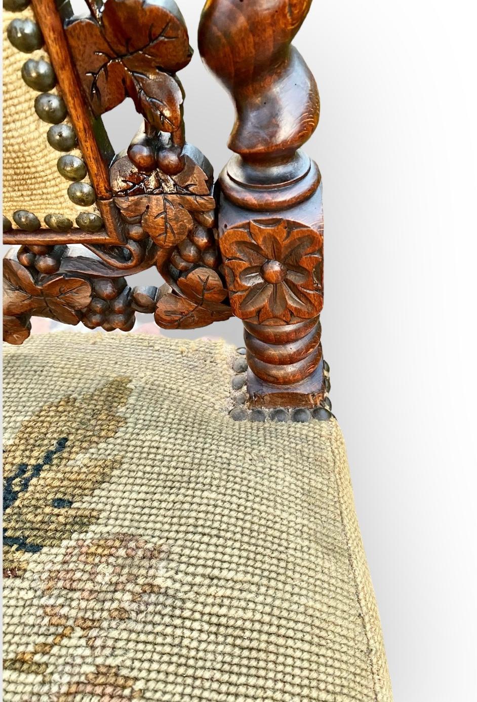 Brass Antique French Carved Walnut Side Chair With Needle Point Upholstery For Sale