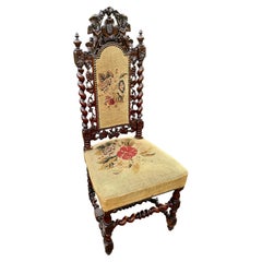 Antique French Silla Lateral De Nogal Tallado Con Tapicería De Punta De Aguja