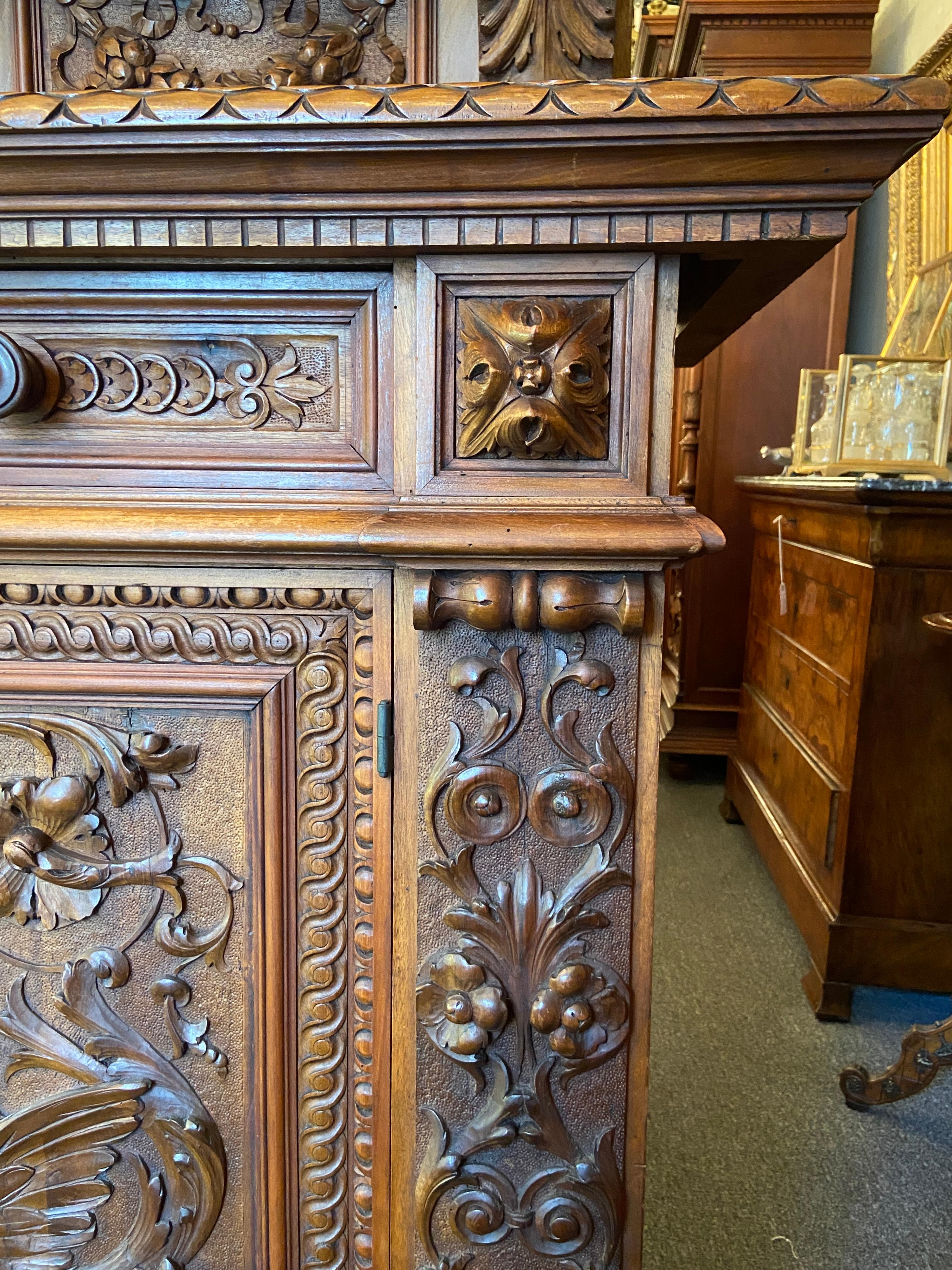 19th Century Antique French Carved Walnut Sideboard with Florals & Griffins, circa 1870-1880