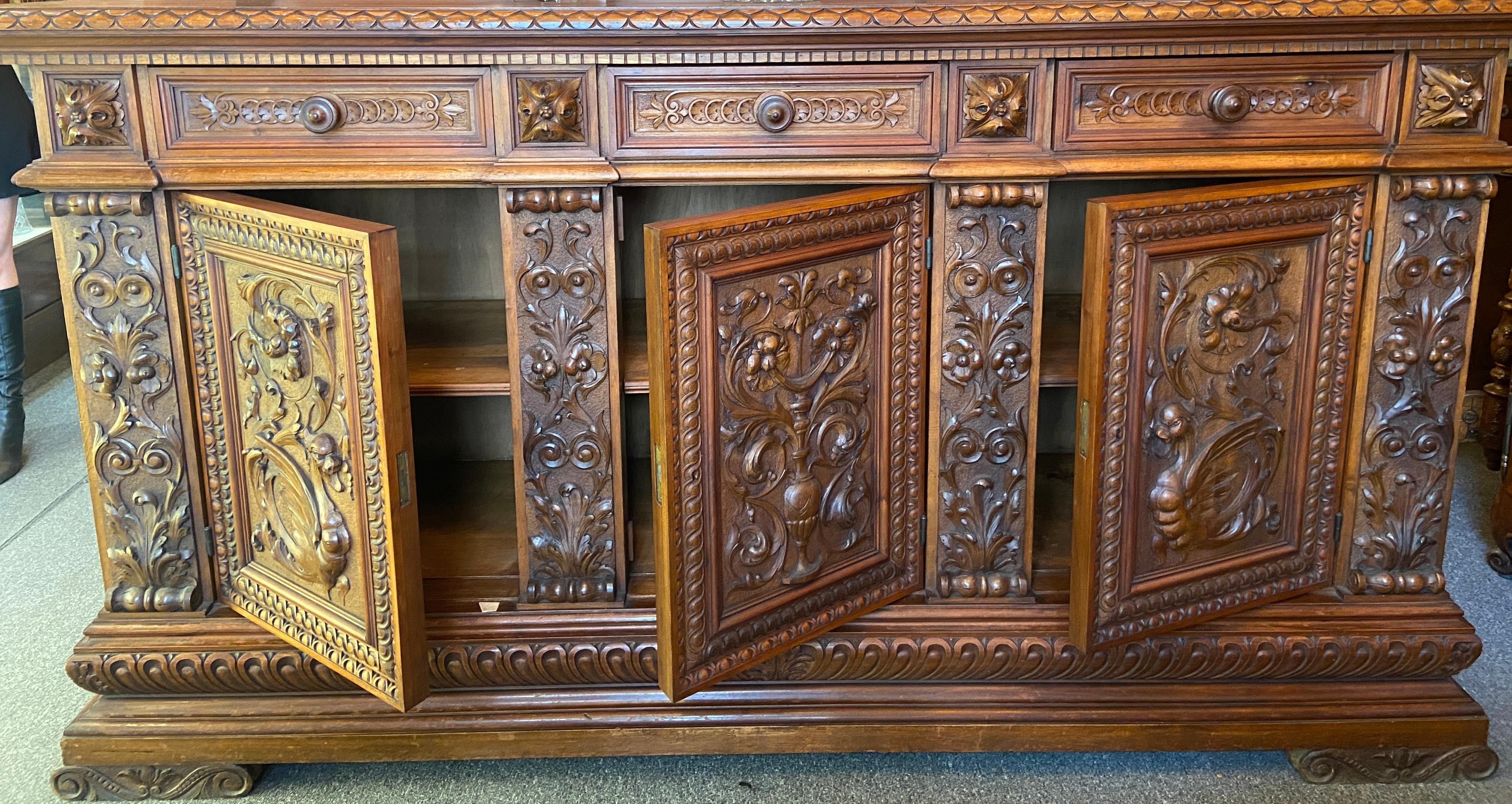 Antique French Carved Walnut Sideboard with Florals & Griffins, circa 1870-1880 1