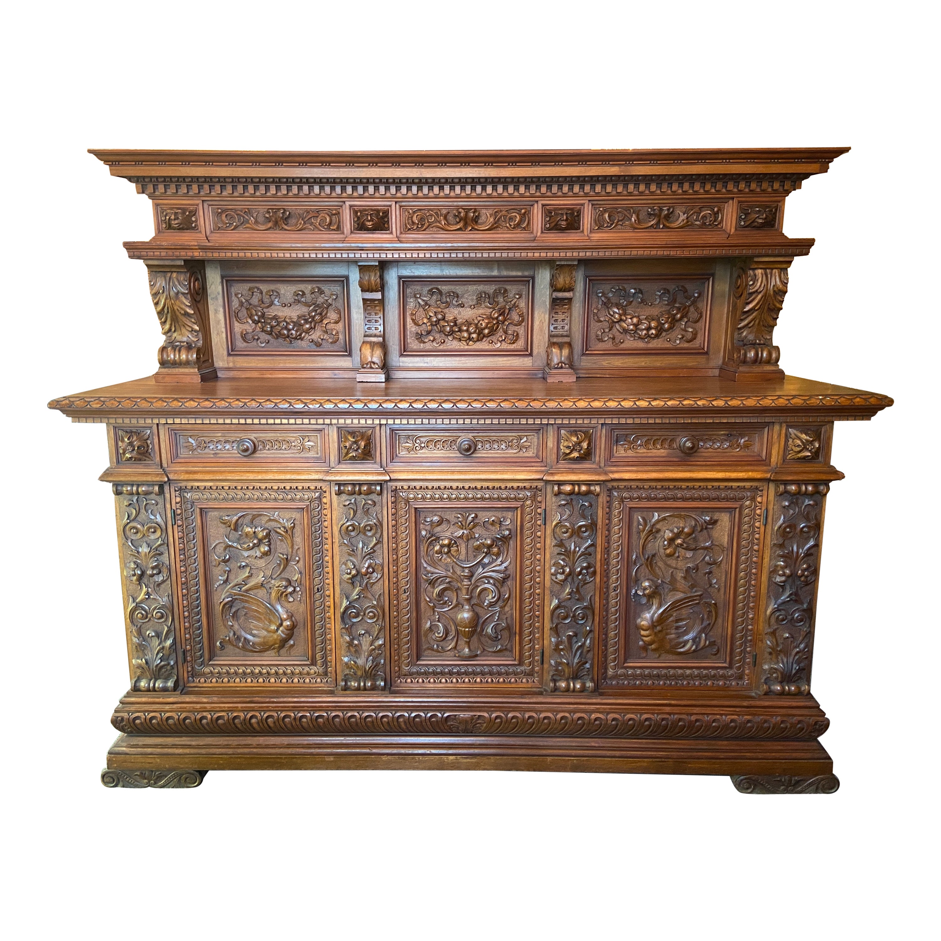 Antique French Carved Walnut Sideboard with Florals & Griffins, circa 1870-1880